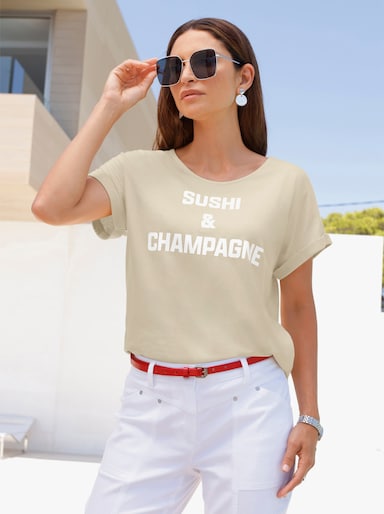 Rundhalsshirt - sand-weiß