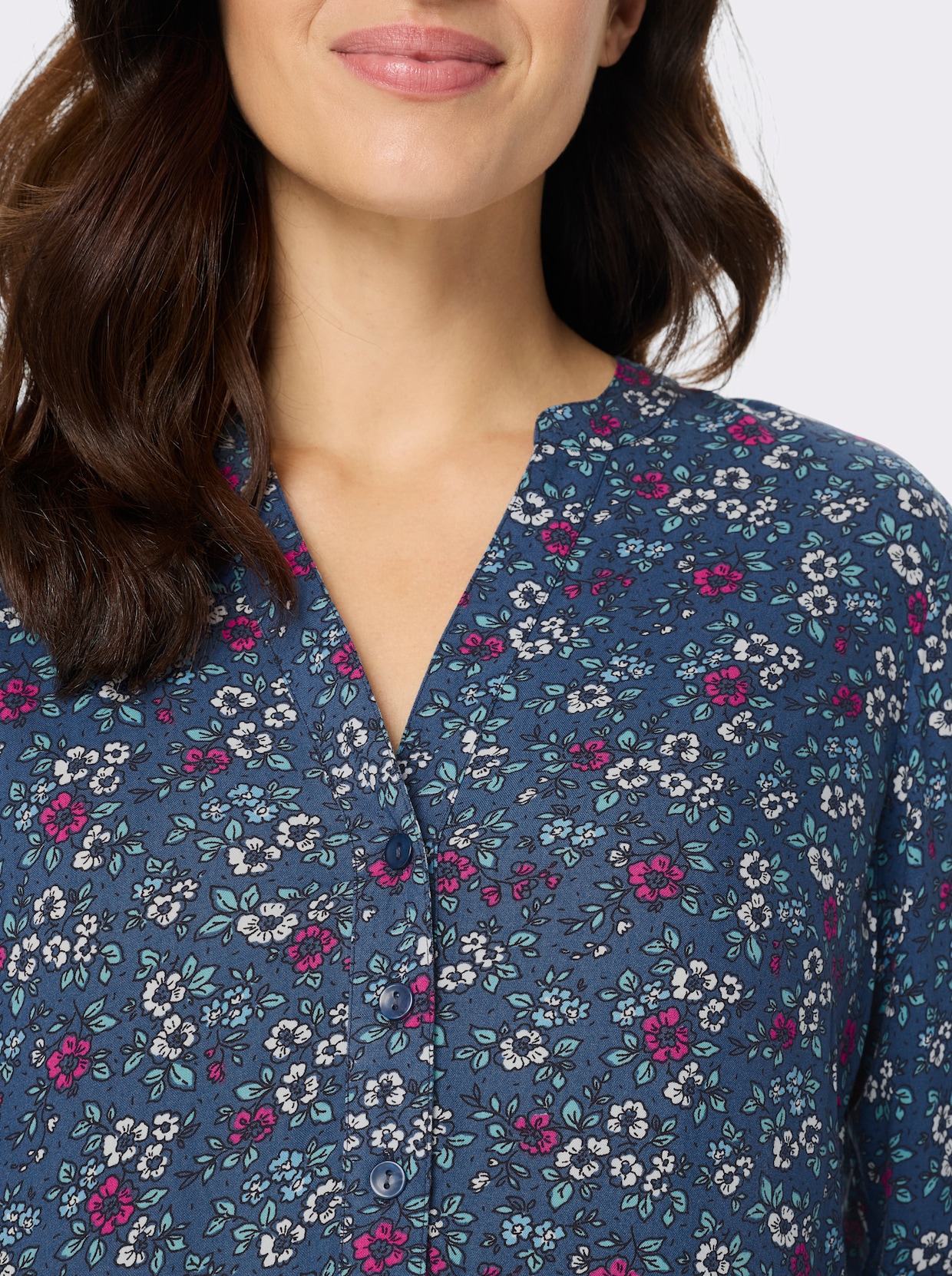 Stufenkleid mit 3/4-Ärmeln - jeansblau-fuchsia-bedruckt