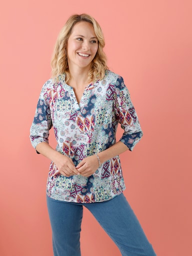 Schlupfbluse mit Patchwork-Muster - jeansblau-magenta-bedruckt