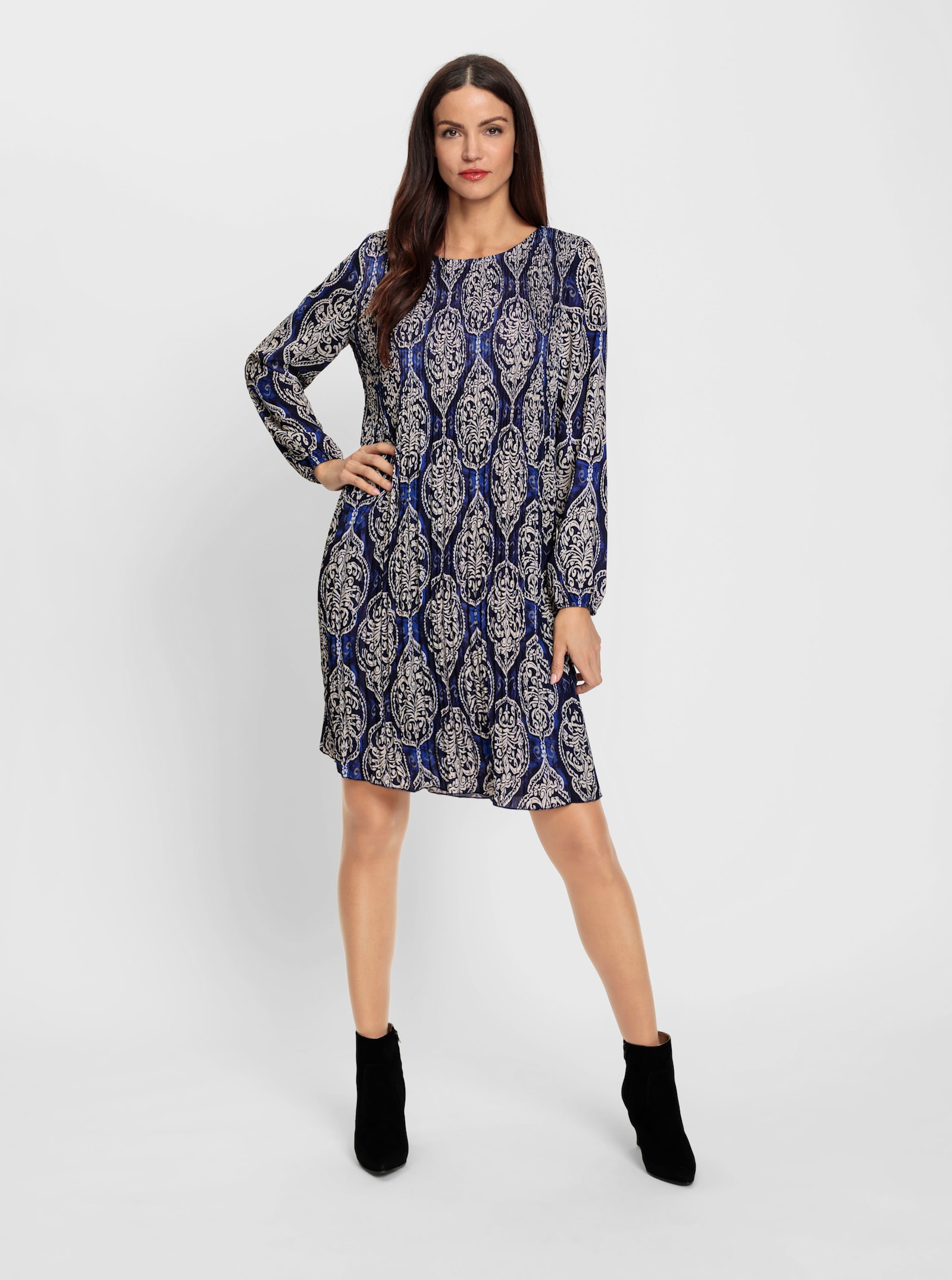 heine Plisséjurk met transparante mouwen - marine/zand bedrukt