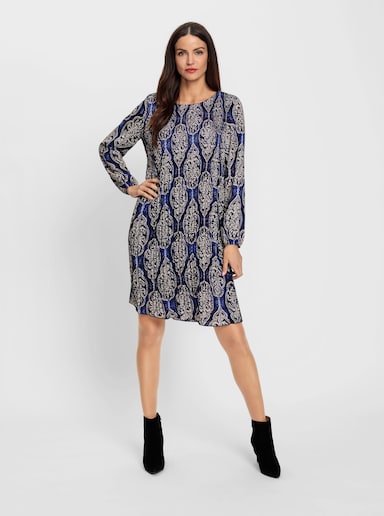 heine Plisséjurk met transparante mouwen - marine/zand bedrukt