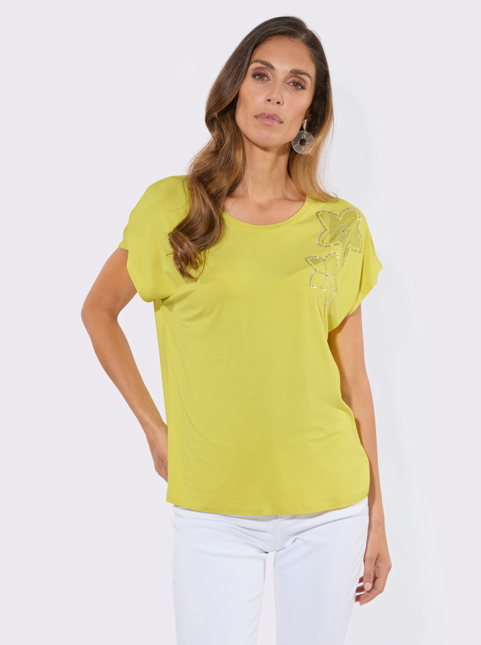 Kurzarmshirt mit schimmernden Ziersteinchen - limone