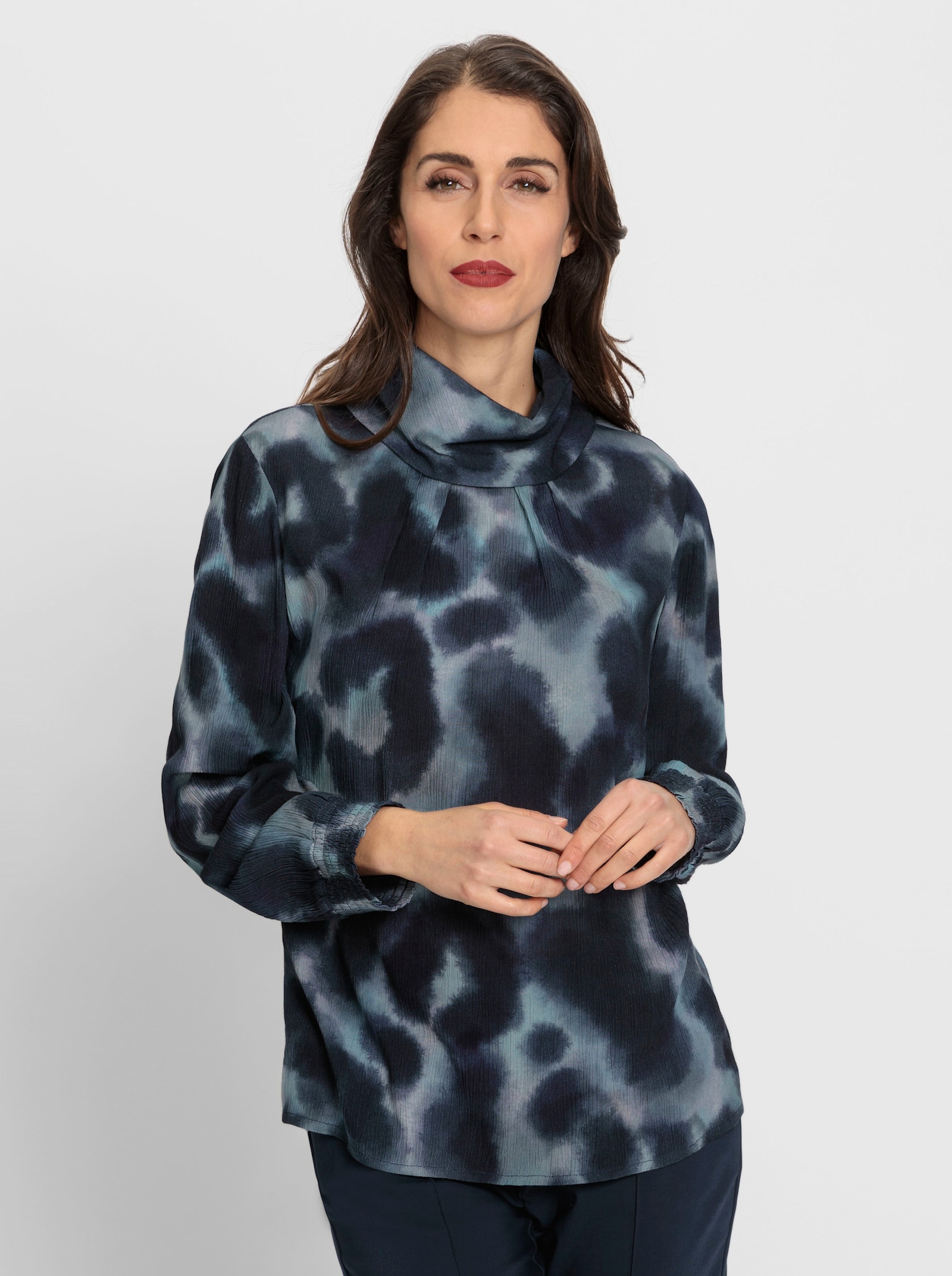 heine Crêpebluse mit Umlegekragen - marine-kalkmint-bedruckt