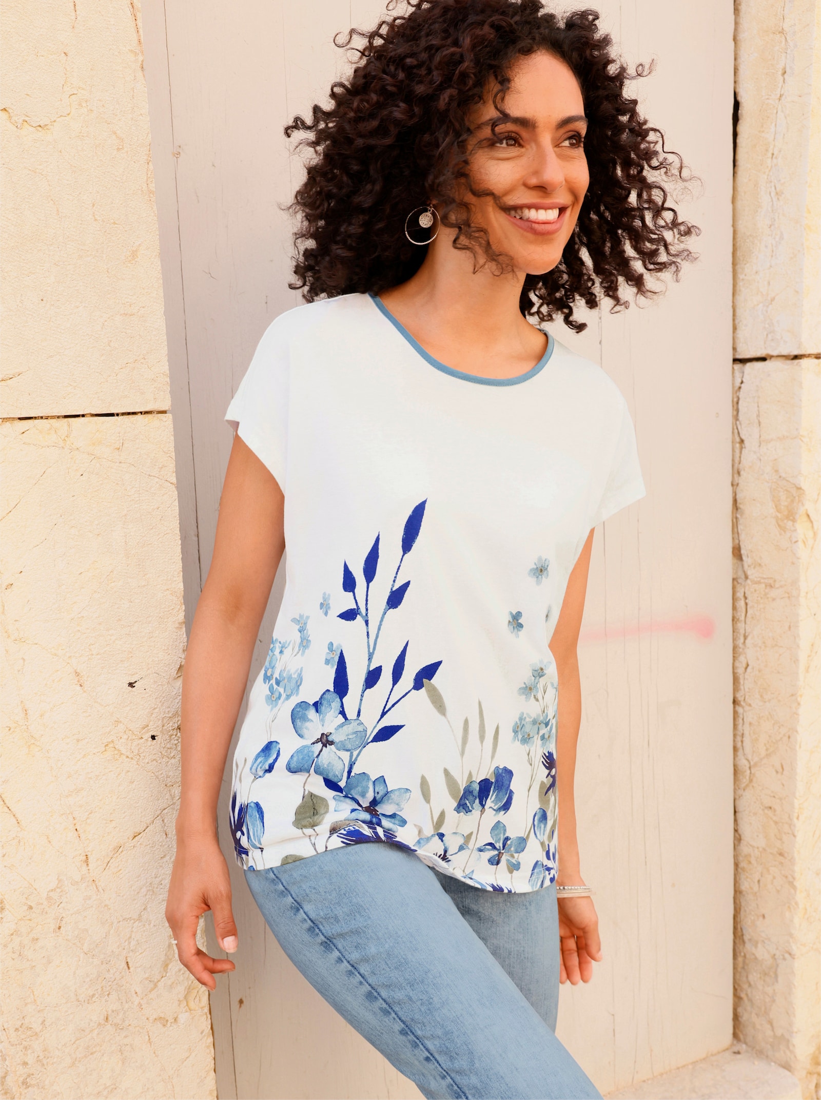 Shirt mit Blumen-Dessin - weiss-mittelblau