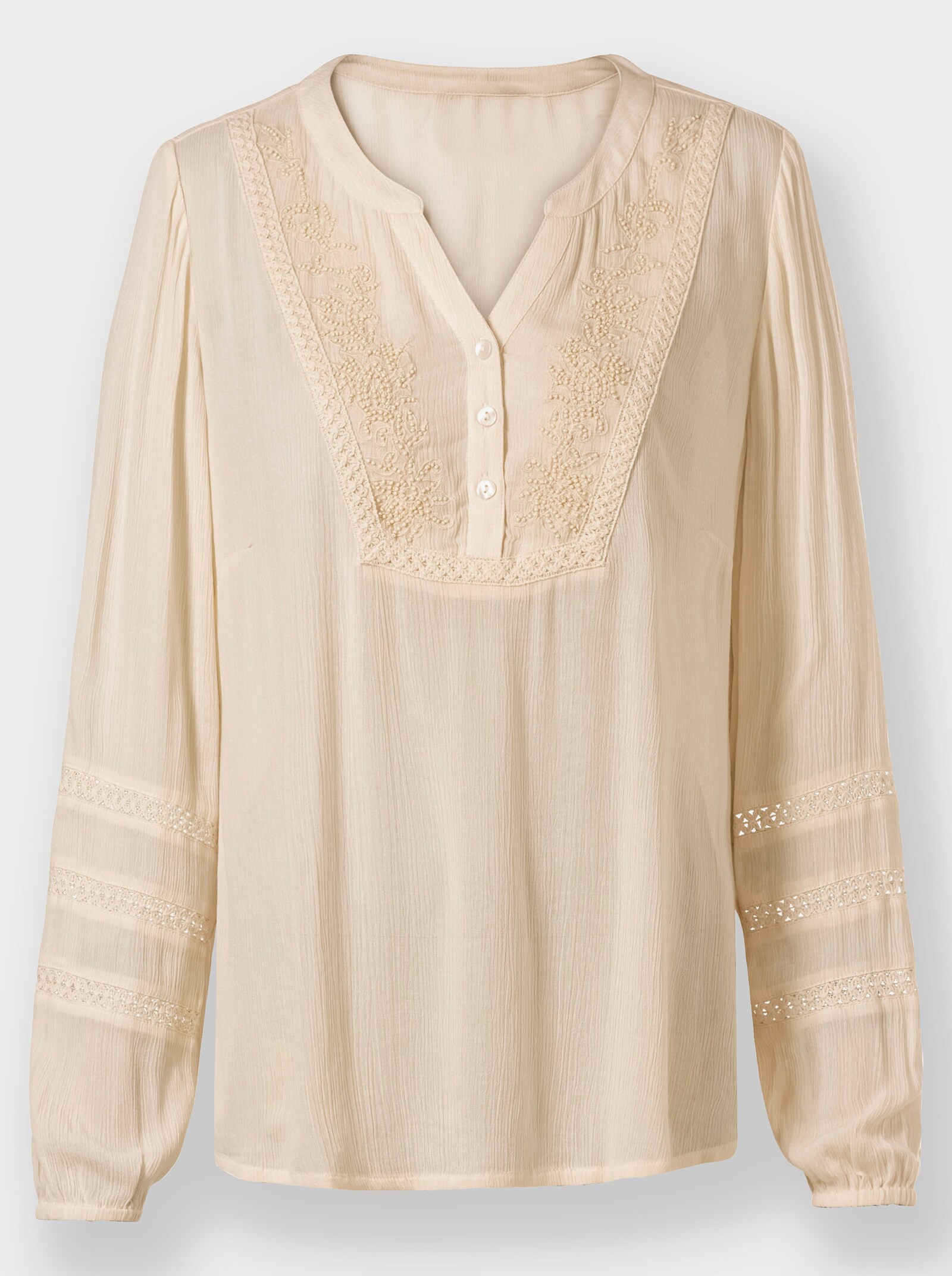 Schlupfbluse Blütenstickerei und Zierperlen - elfenbein