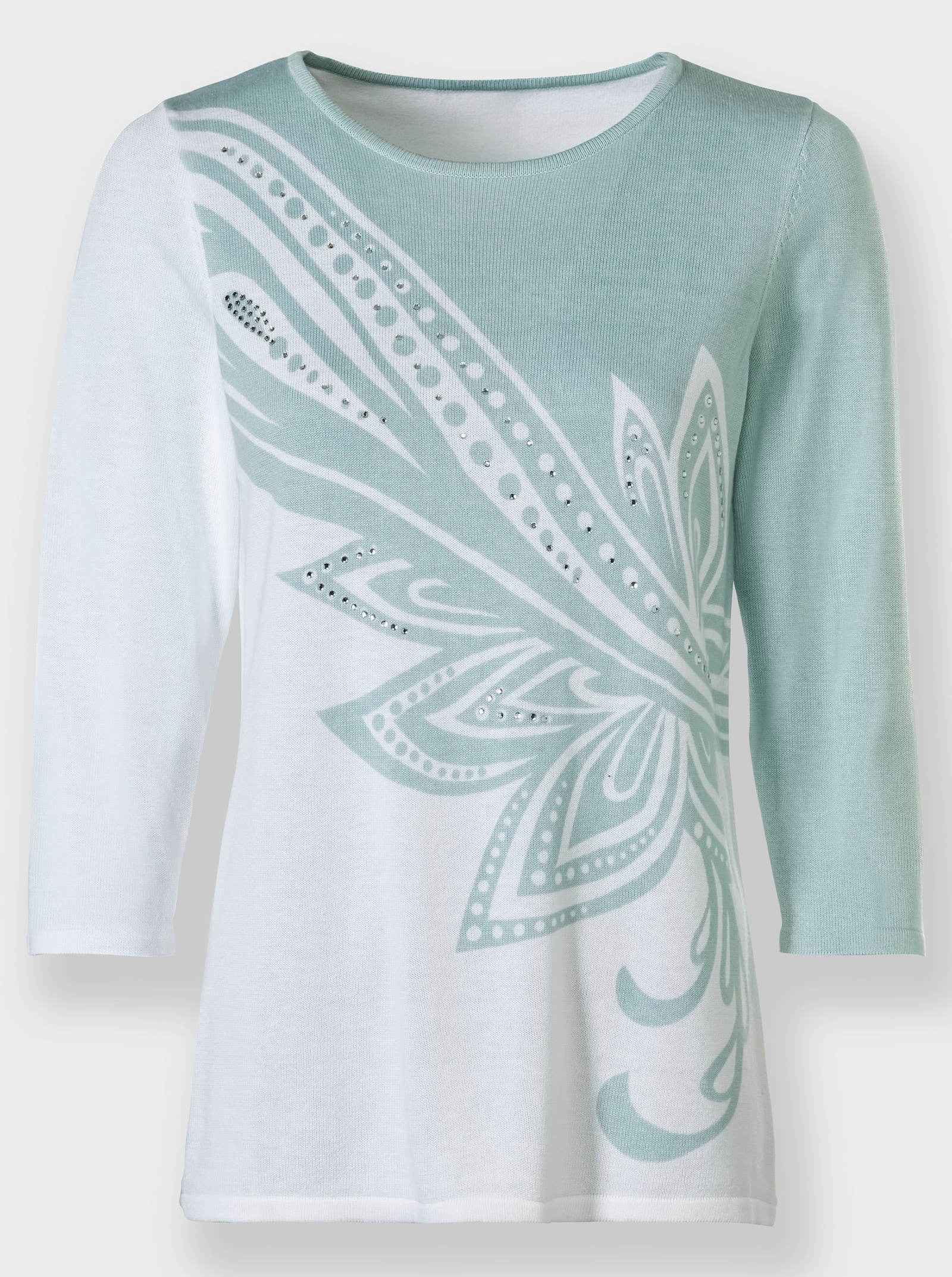 Feinstrickpullover mit platziertem Druck vorne - ecru-kalkmint-bedruckt