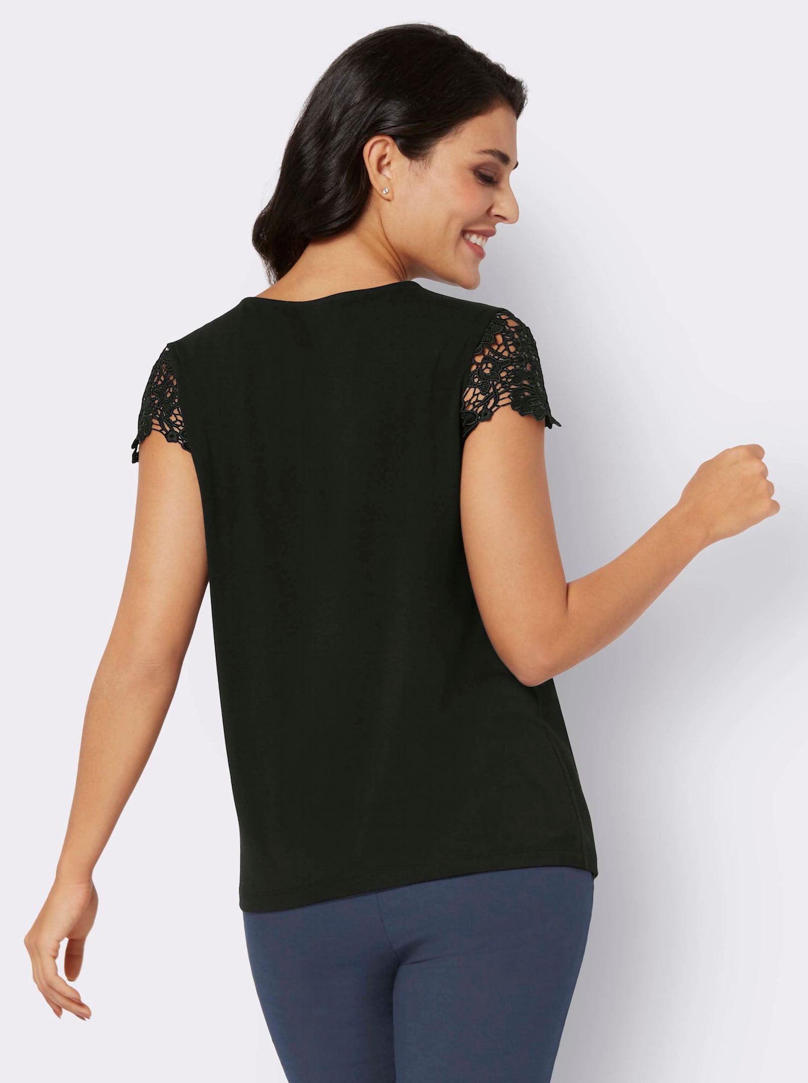 Spitzenshirt mit Flügelärmeln - schwarz