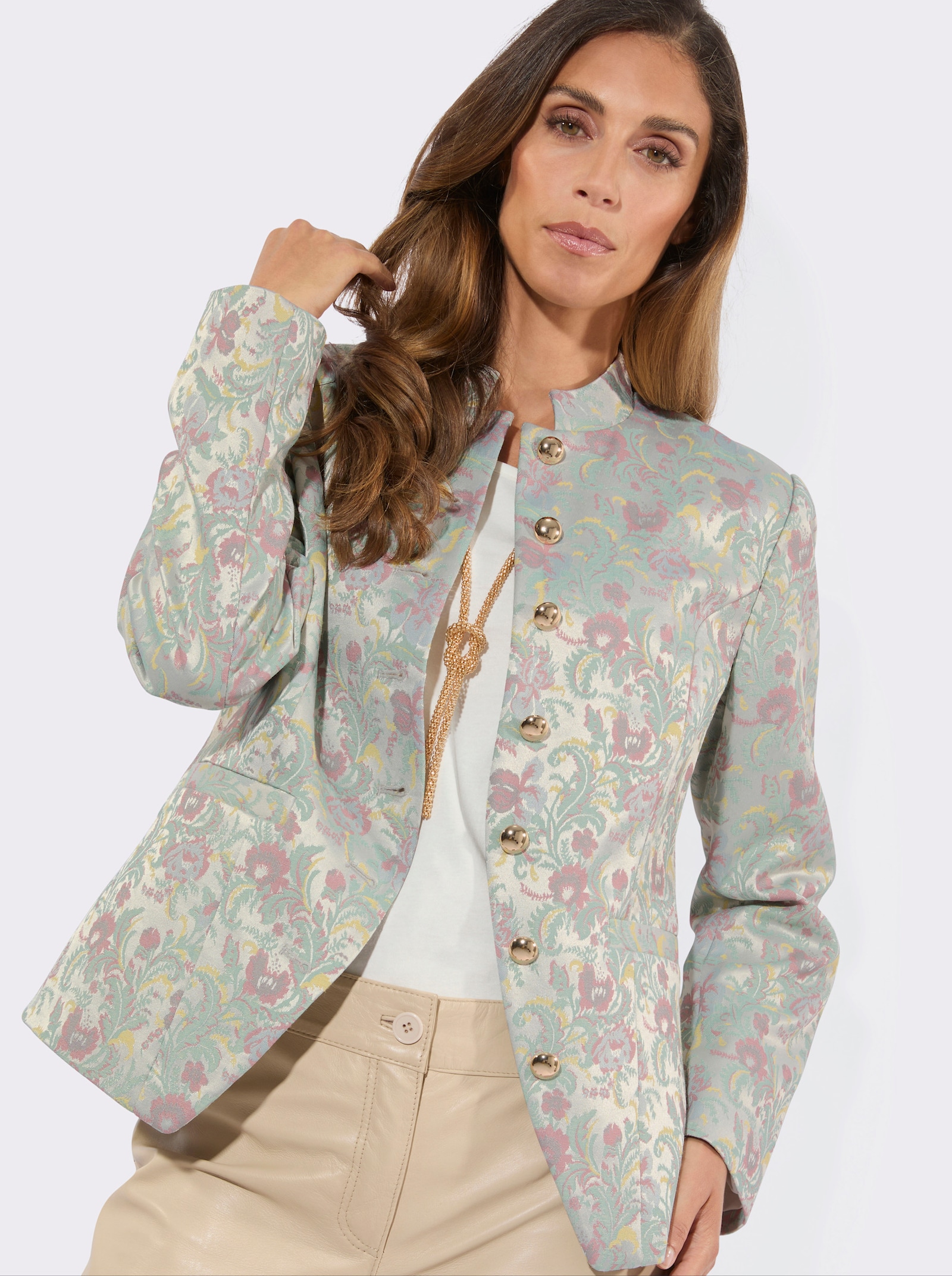 Jacquardblazer mit Schulterpolstern - ecru-taubenblau-gemustert