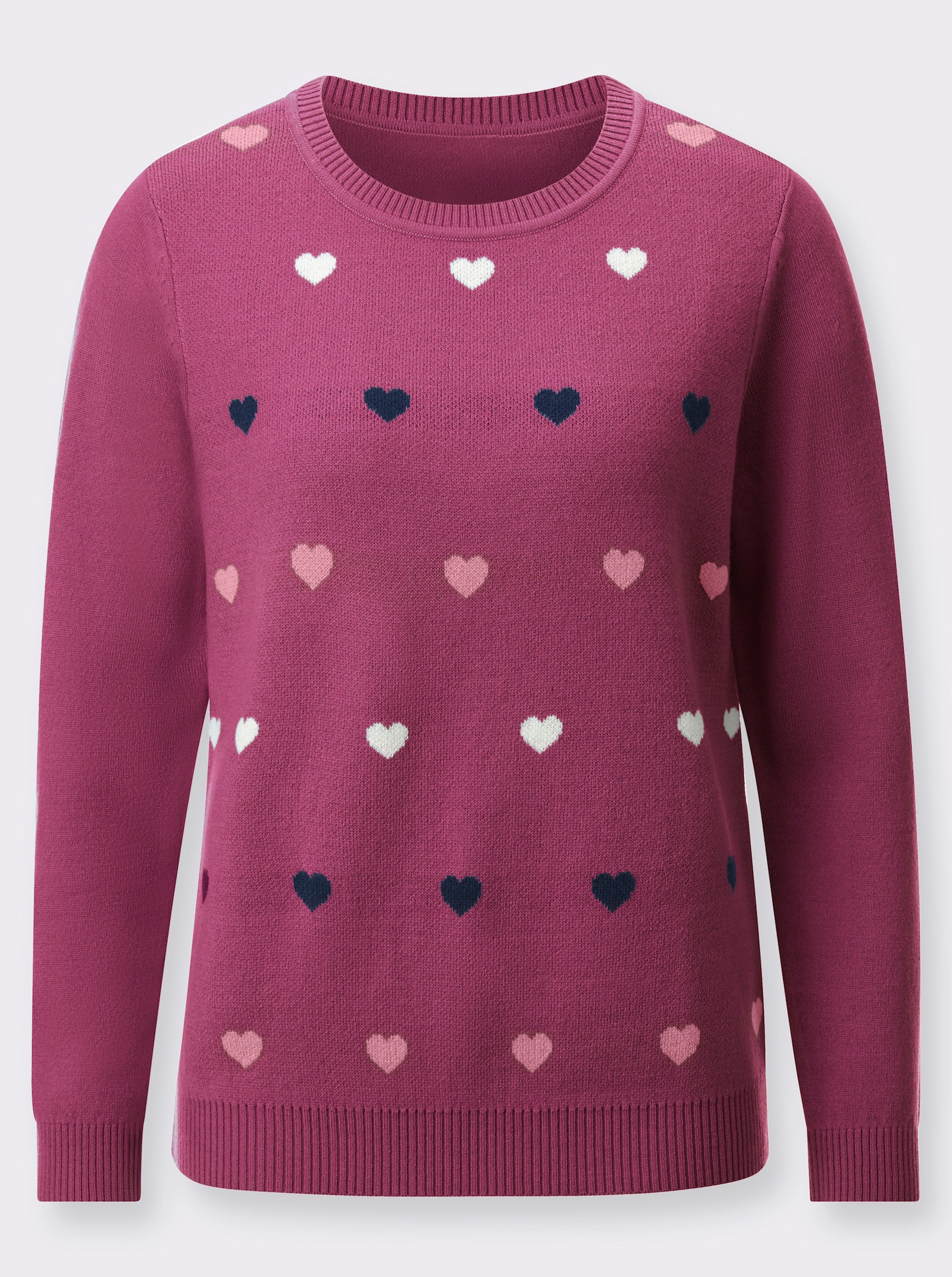 Svetr s kulatým výstřihem a srdíčkovým vzorem - vřesová