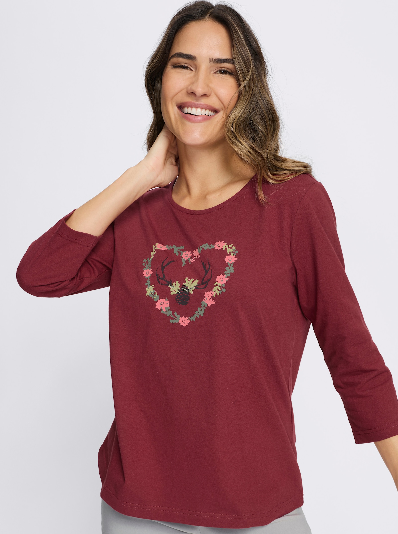 3/4-Arm-Shirt mit platziertem Druck - dunkelrot-flamingo