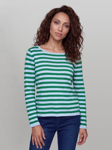 heine Feinstrickpullover mit Rollbündchen - grün-hellblau-geringelt