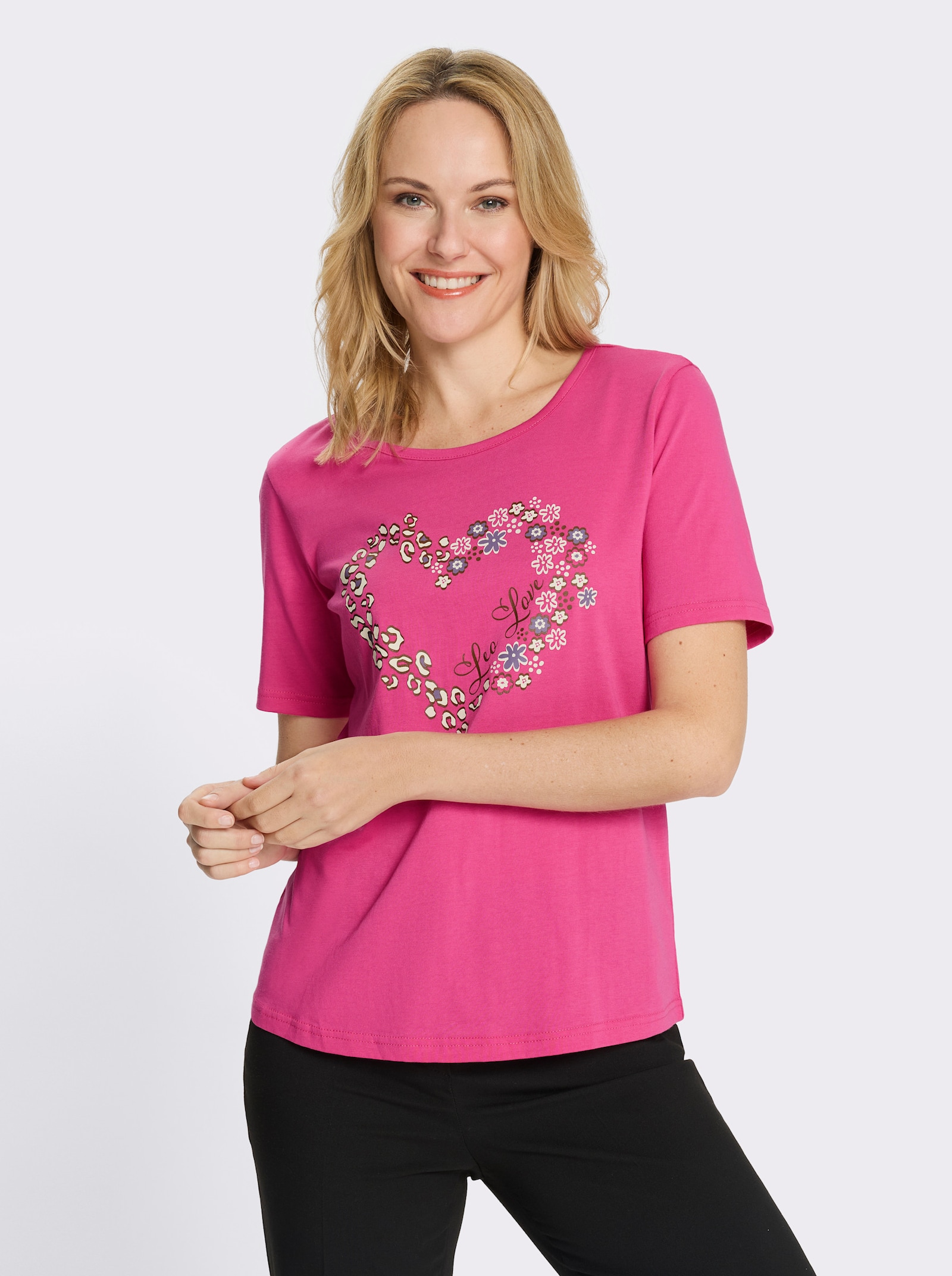 Shirt met ronde hals en hartprint - fuchsia/bruin bedrukt