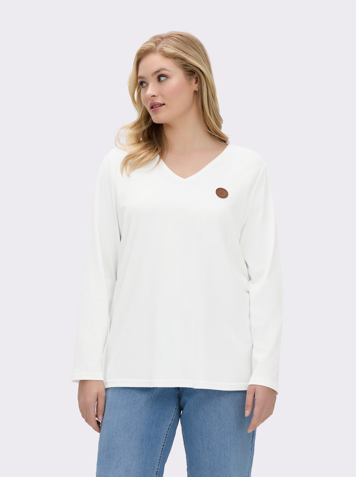 Langarmshirt mit V-Ausschnitt - ecru