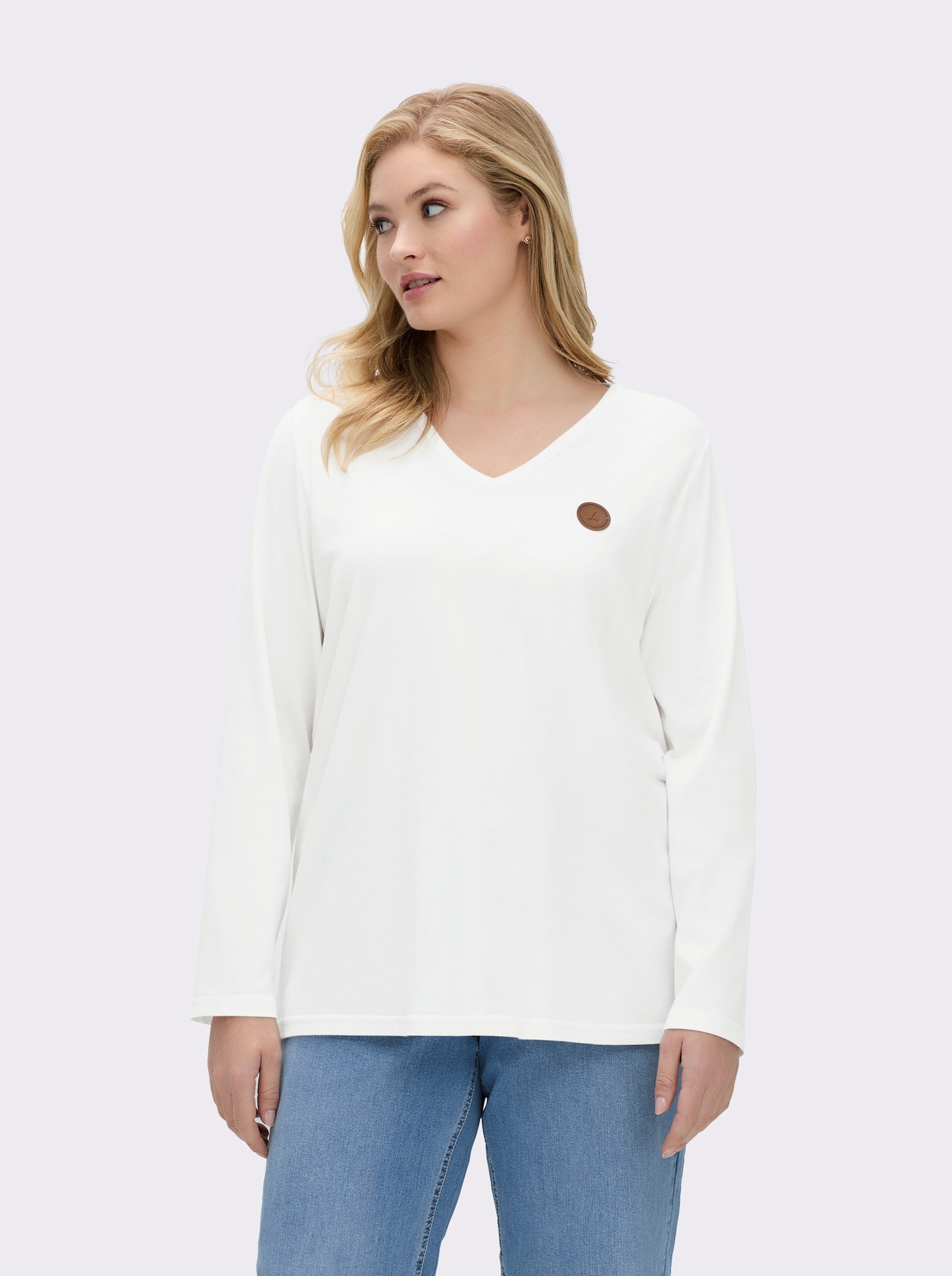 Langarmshirt mit V-Ausschnitt - ecru