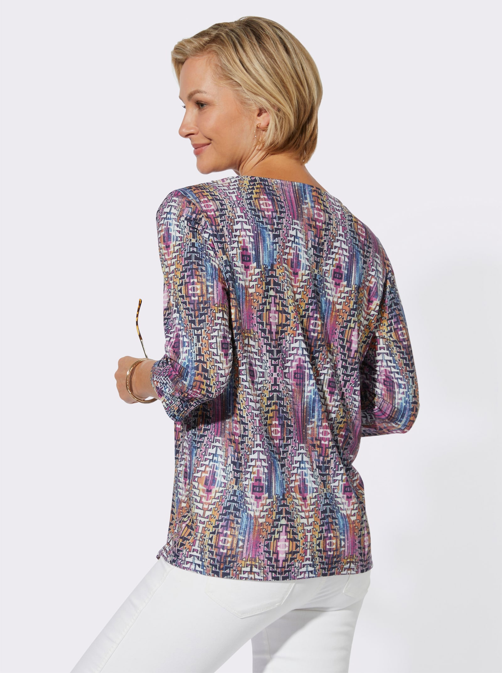 Rundhalsshirt mit 3/4-Ärmeln, pflegeleicht - orchidee-bedruckt