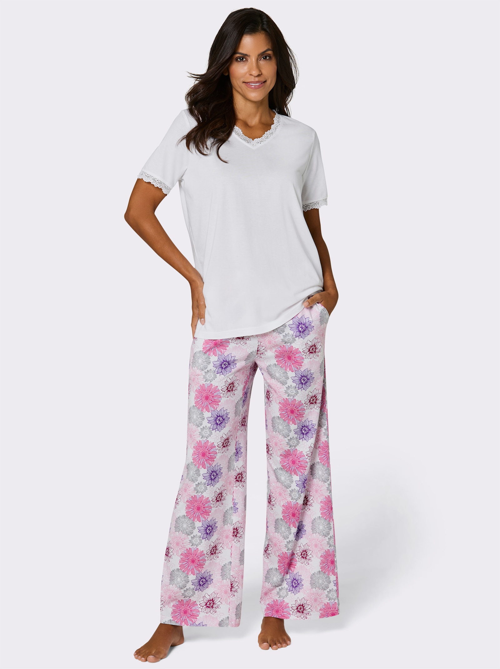 wäschepur Schlafanzug mit geblümter Hose - weiß-fuchsia-bedruckt