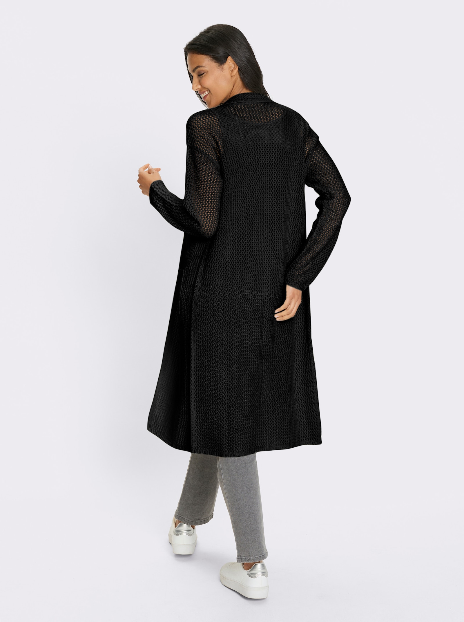 Lång kofta med hålmönster - svart