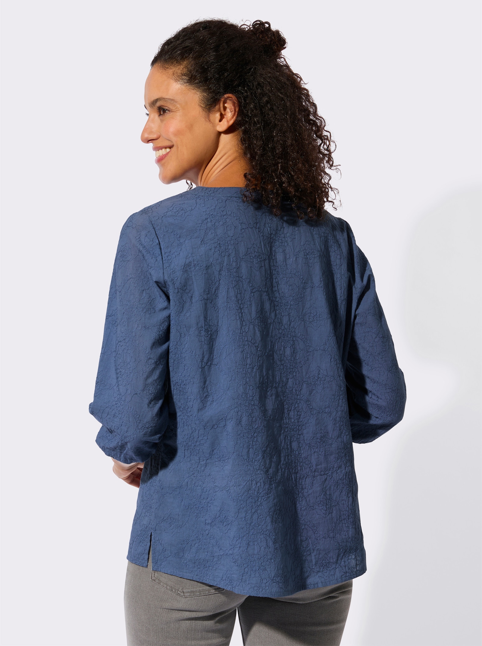 Impressionen Baumwollbluse mit Ton-in-Ton-Stickerei - jeansblau