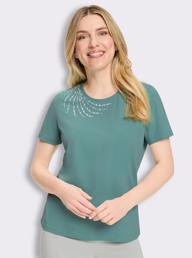 Kurzarmshirt mit Glitzersteinchen - salbei