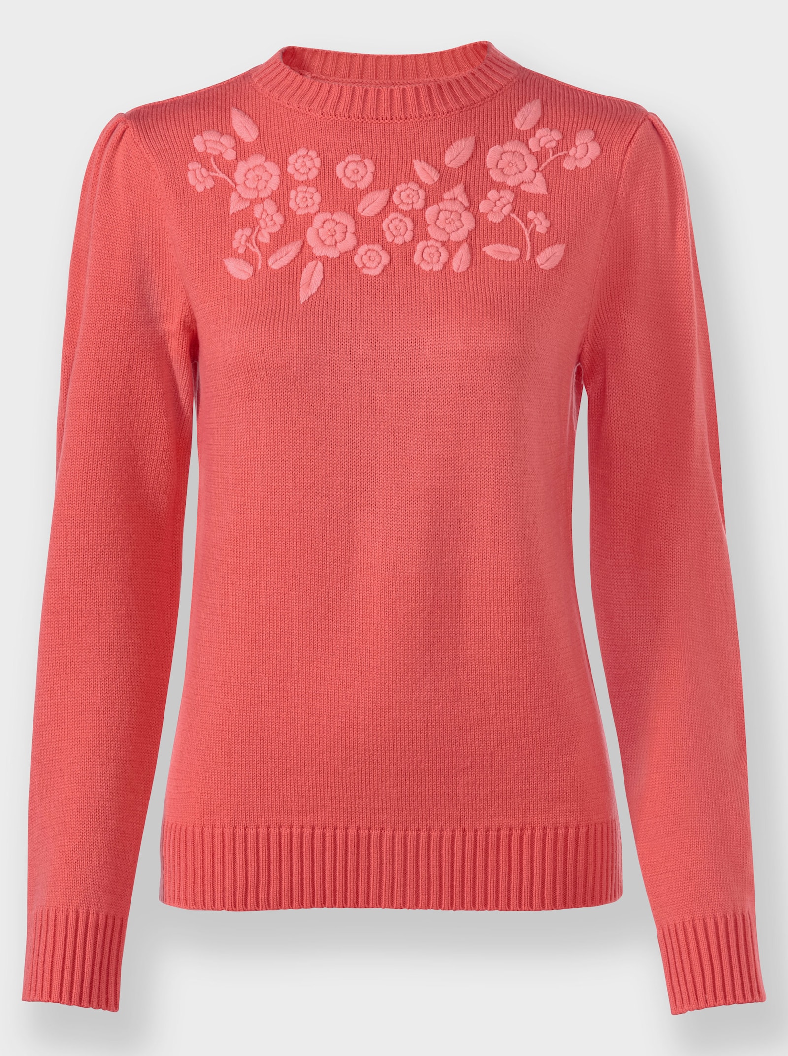 Langarm-Pullover mit Blüten-Stickerei - grapefruit-flamingo-gemustert