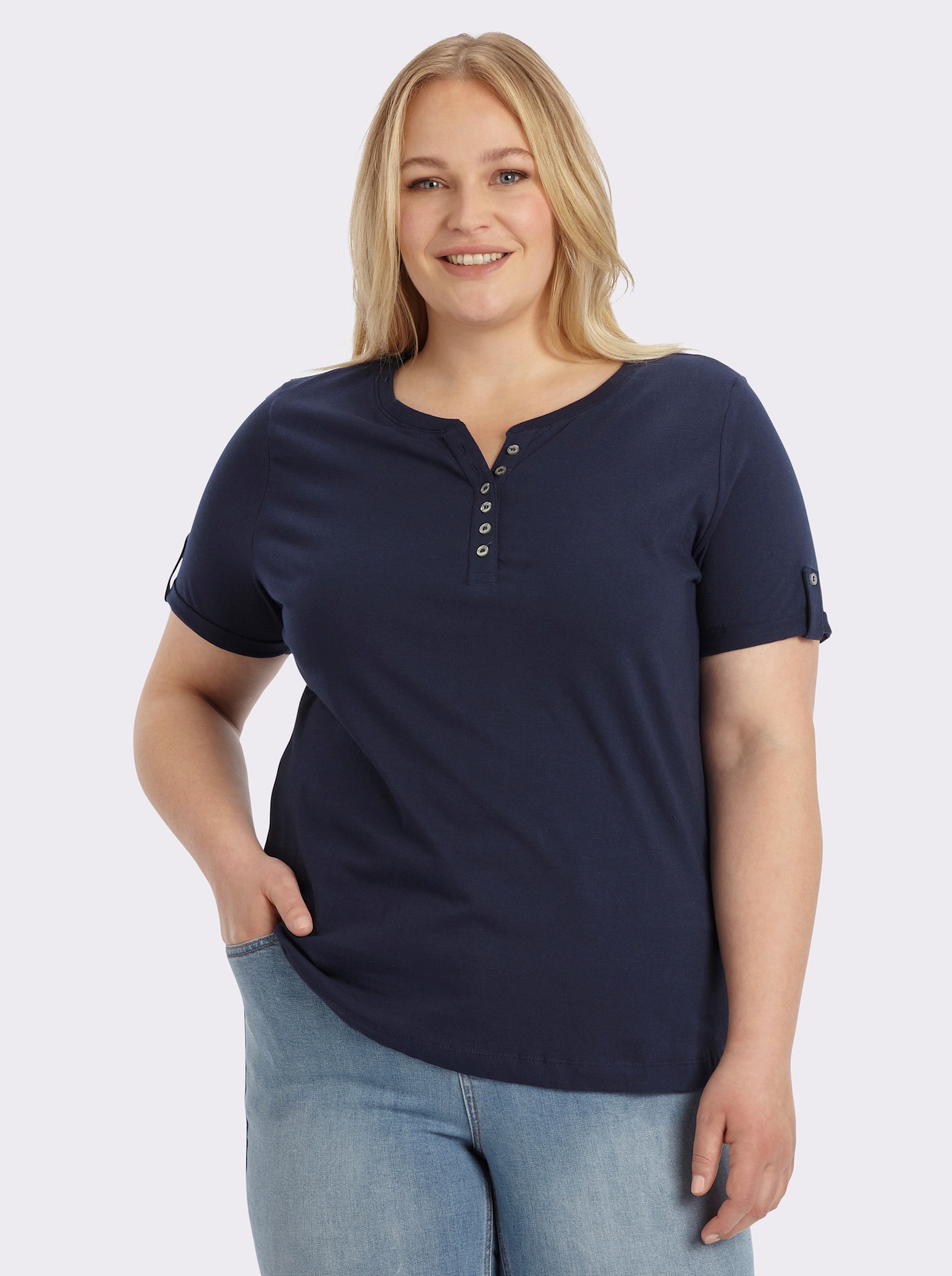 Kurzarmshirt mit fixiertem Ärmel-Aufschlag - marine