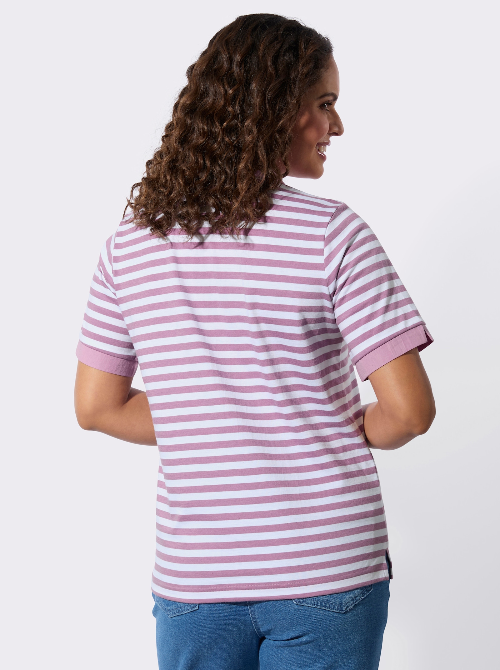 Poloshirt mit Ösen-Verzierung - orchidee-weiß-geringelt