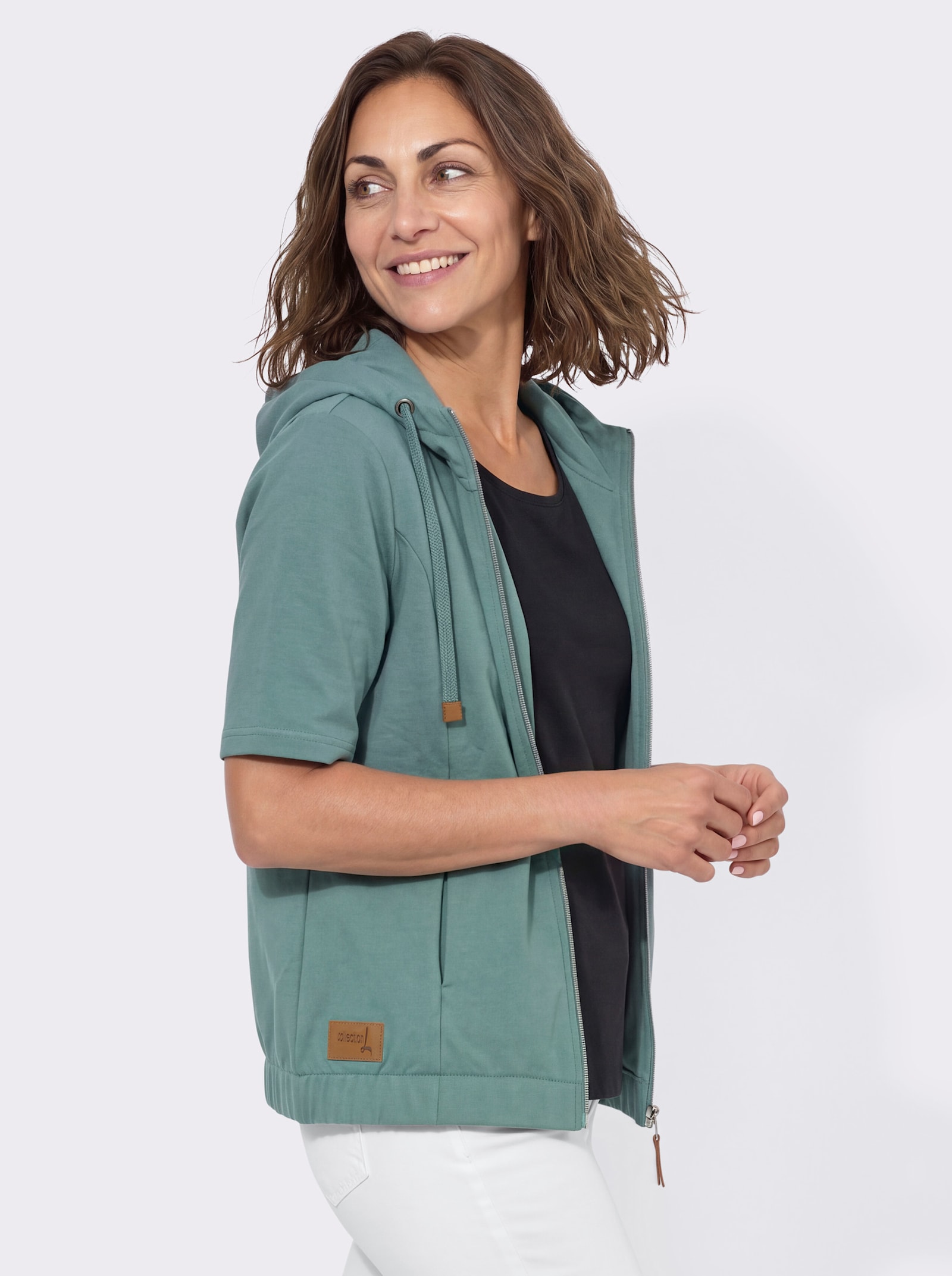 Shirtjacke mit Kapuze und Halbärmeln - jade