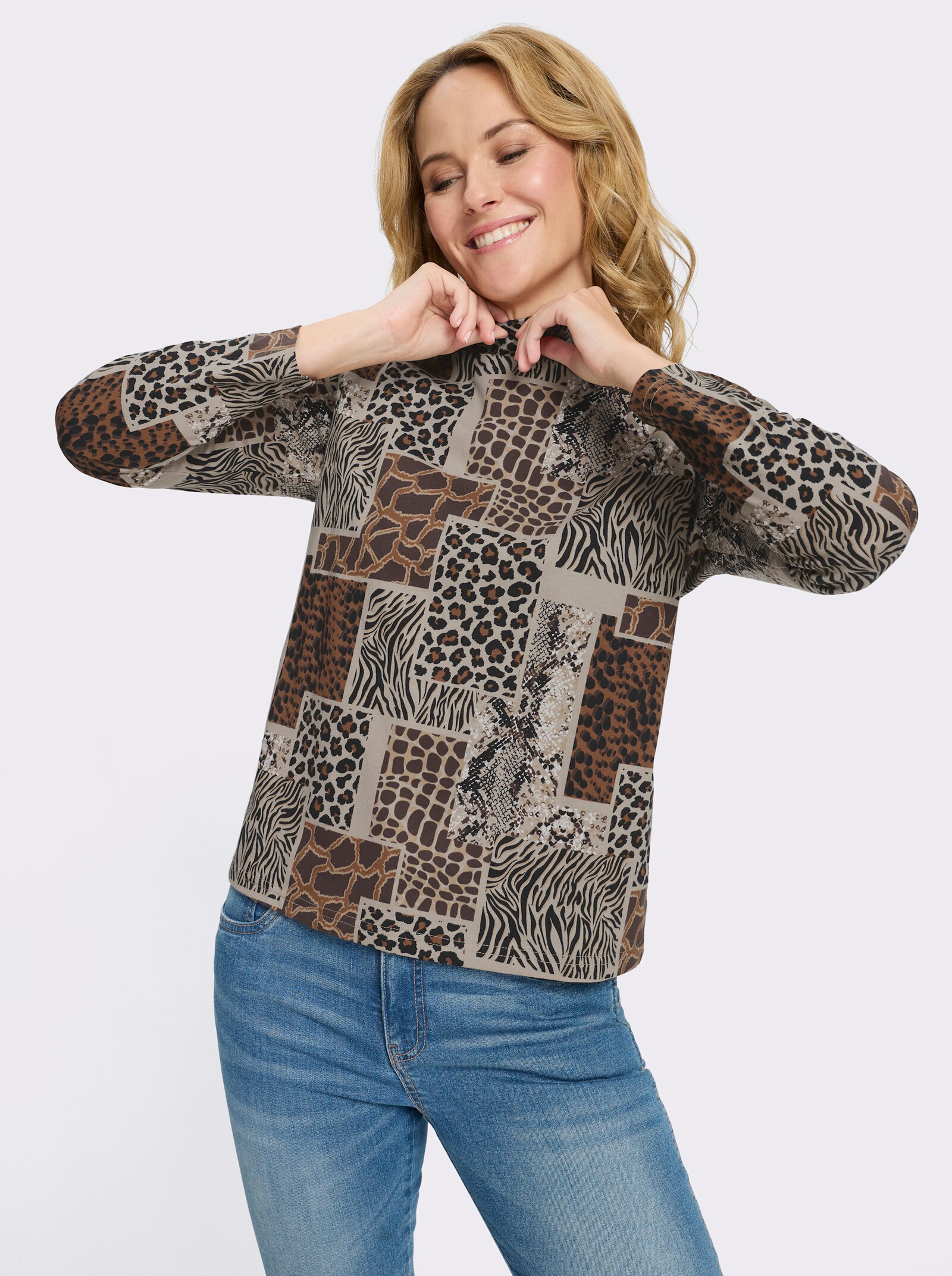 Stehkragenshirt mit Patchwork-Animal-Print - beige-schwarz-bedruckt