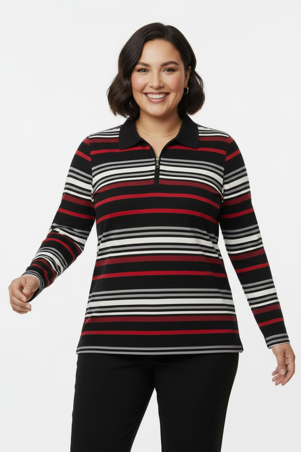 Poloshirt mit kurzem Zipper - rot-schwarz-geringelt