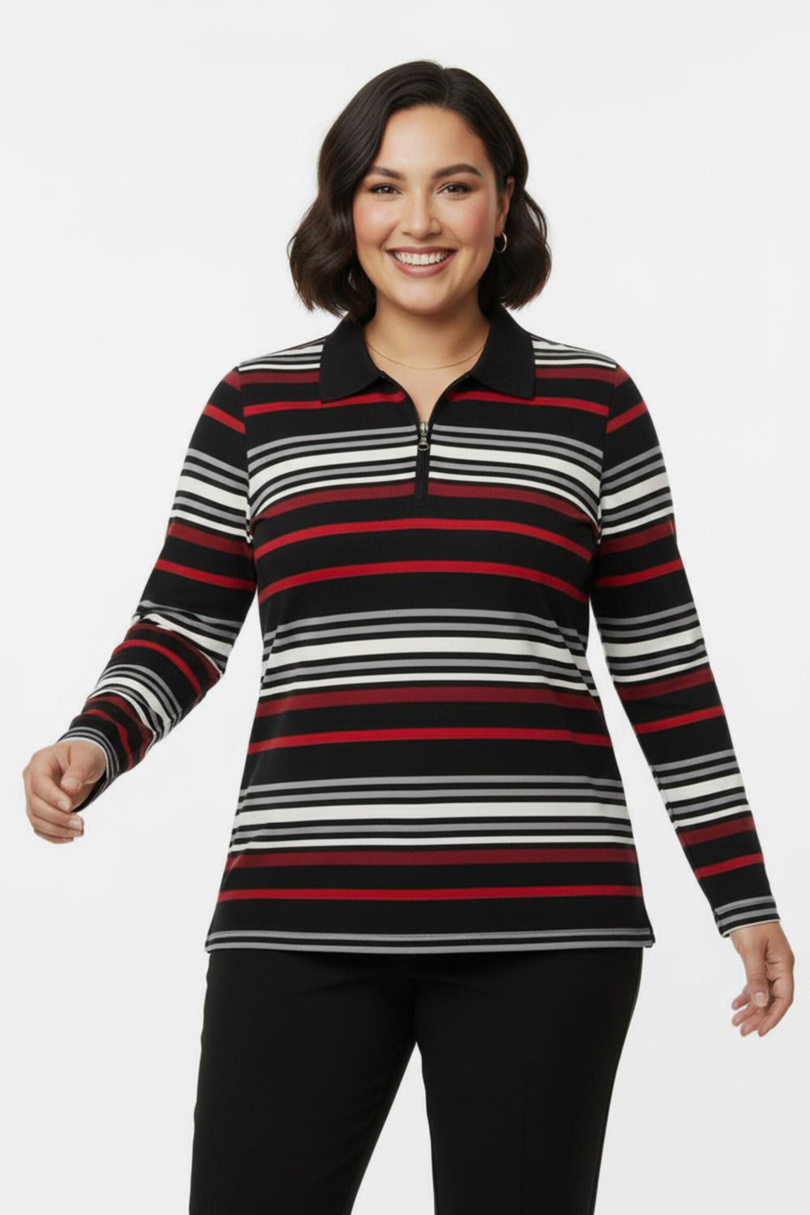 Poloshirt mit kurzem Zipper - rot-schwarz-geringelt