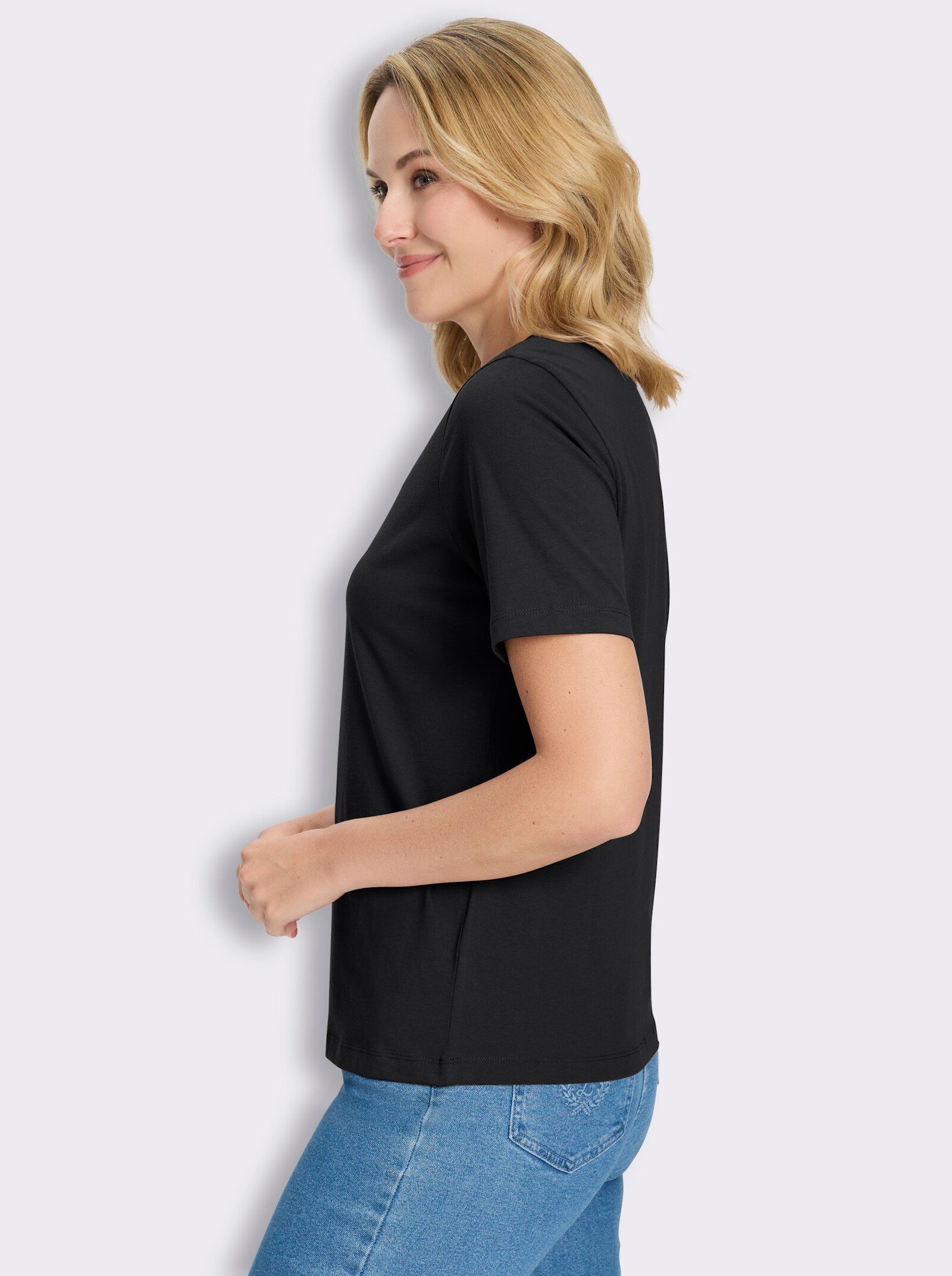 Kurzarmshirt im Muschel-Dessin - schwarz-camel