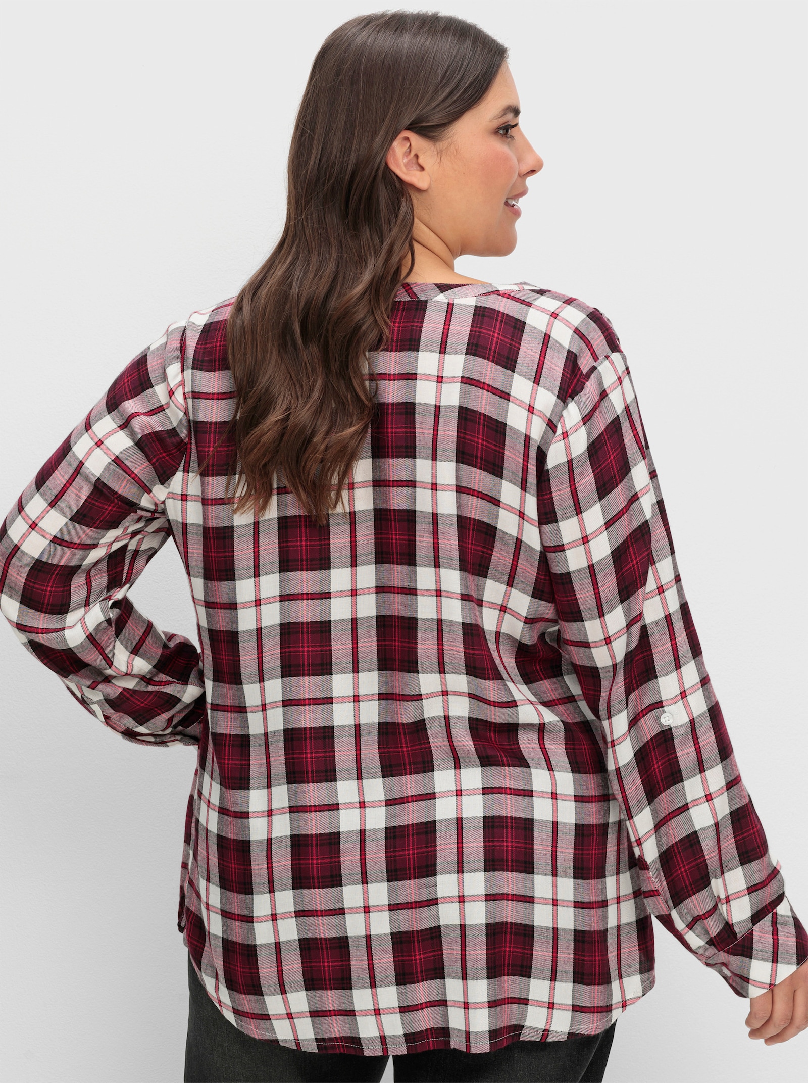 sheego Geruite blouse met opstroopbare mouwen - wijnrood geruit
