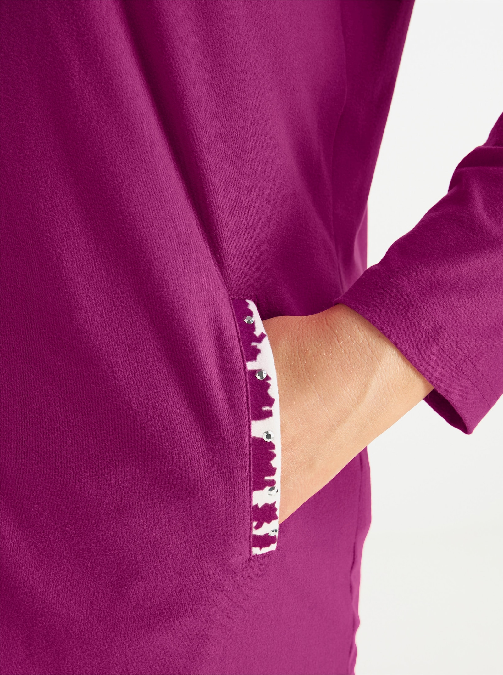 Shirtjacke mit Glitzersteinchen - magenta-ecru-gemustert
