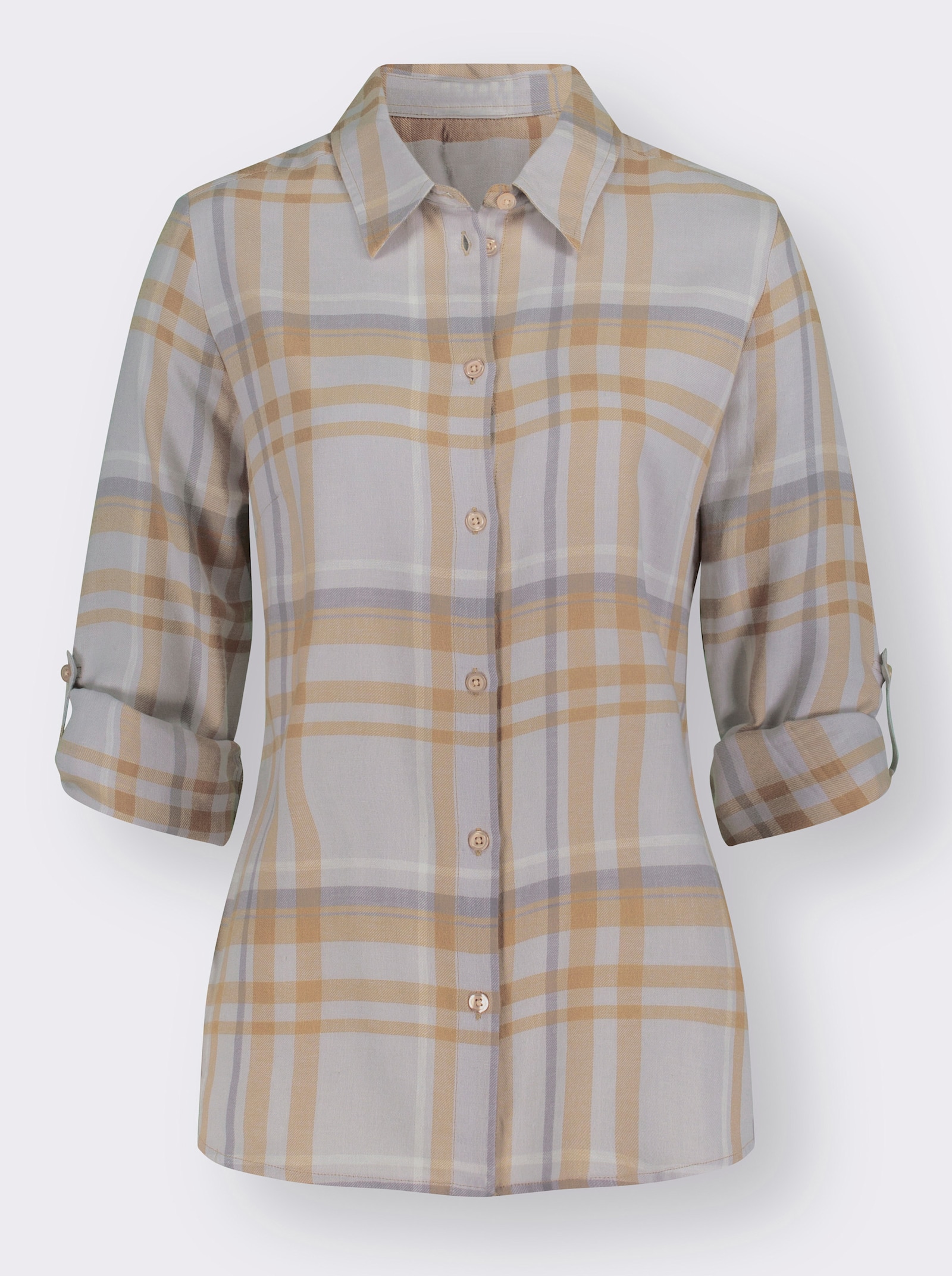 Flanellbluse mit krempelbaren Ärmeln - steingrau-camel-kariert