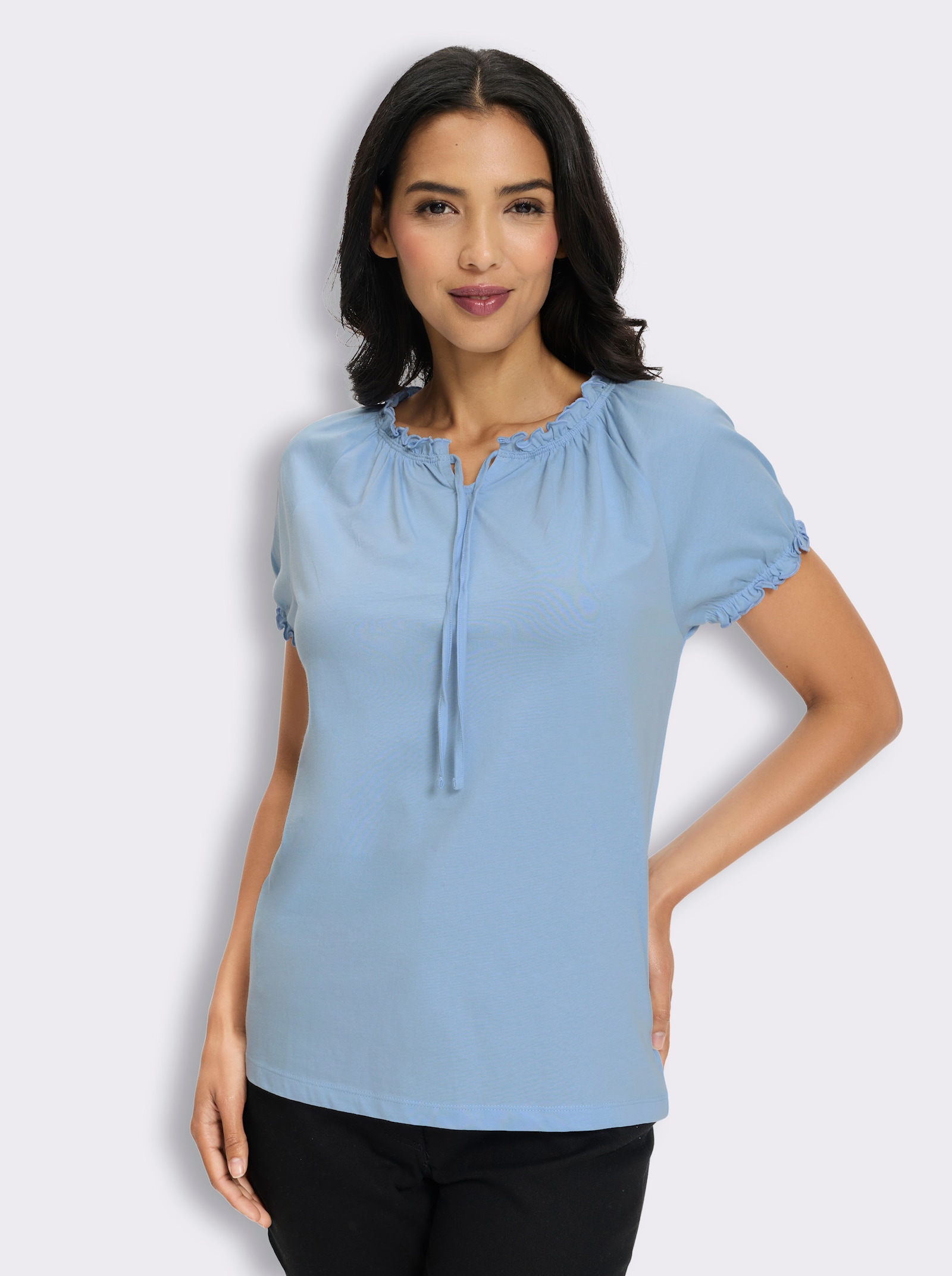 Trachtenshirt mit Rüschen und Bindeband - eisblau