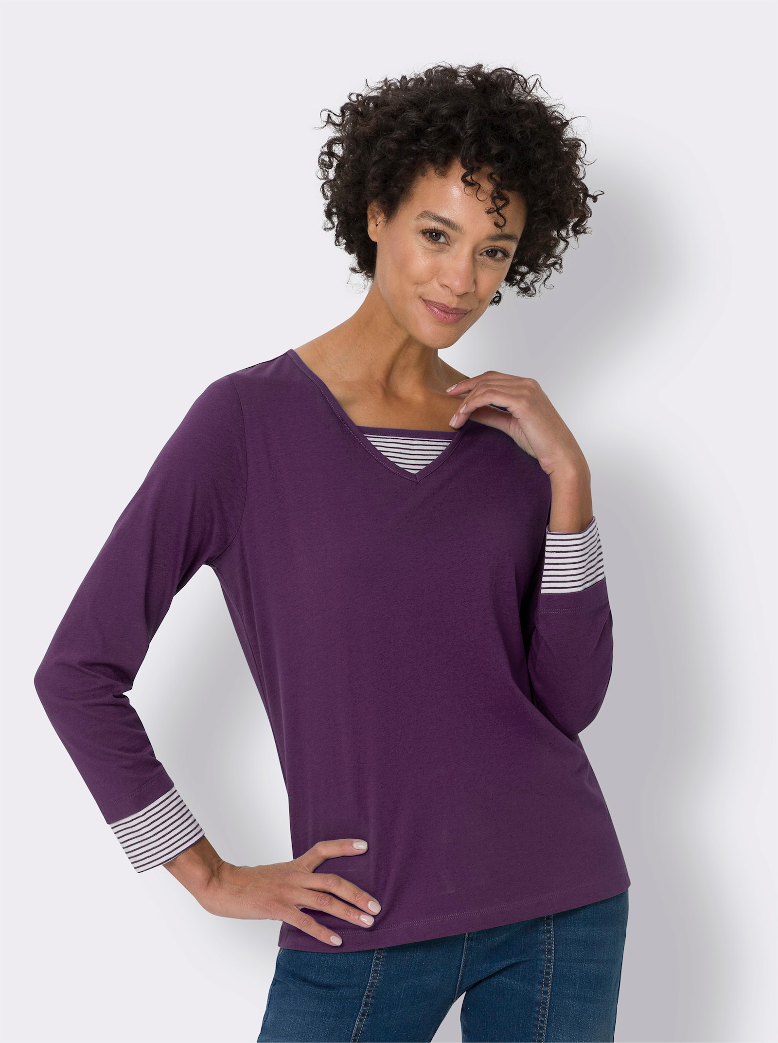 Langarmshirt mit garngefärbten Streifen - traube