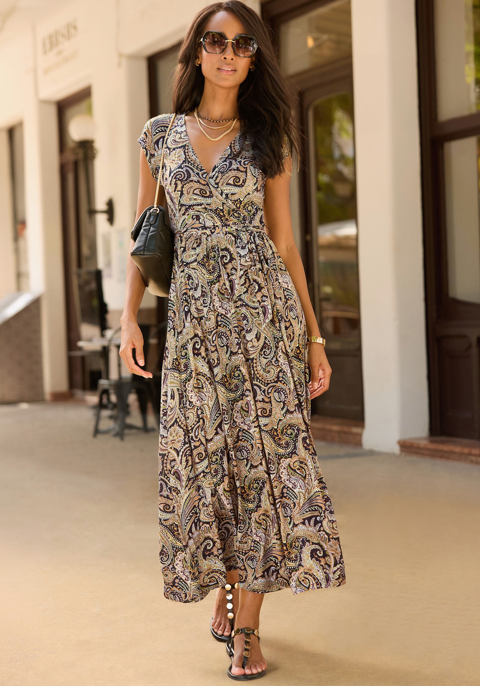 LASCANA Maxikleid - schwarz-orange bedruckt