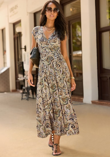 LASCANA Maxikleid - schwarz-orange bedruckt