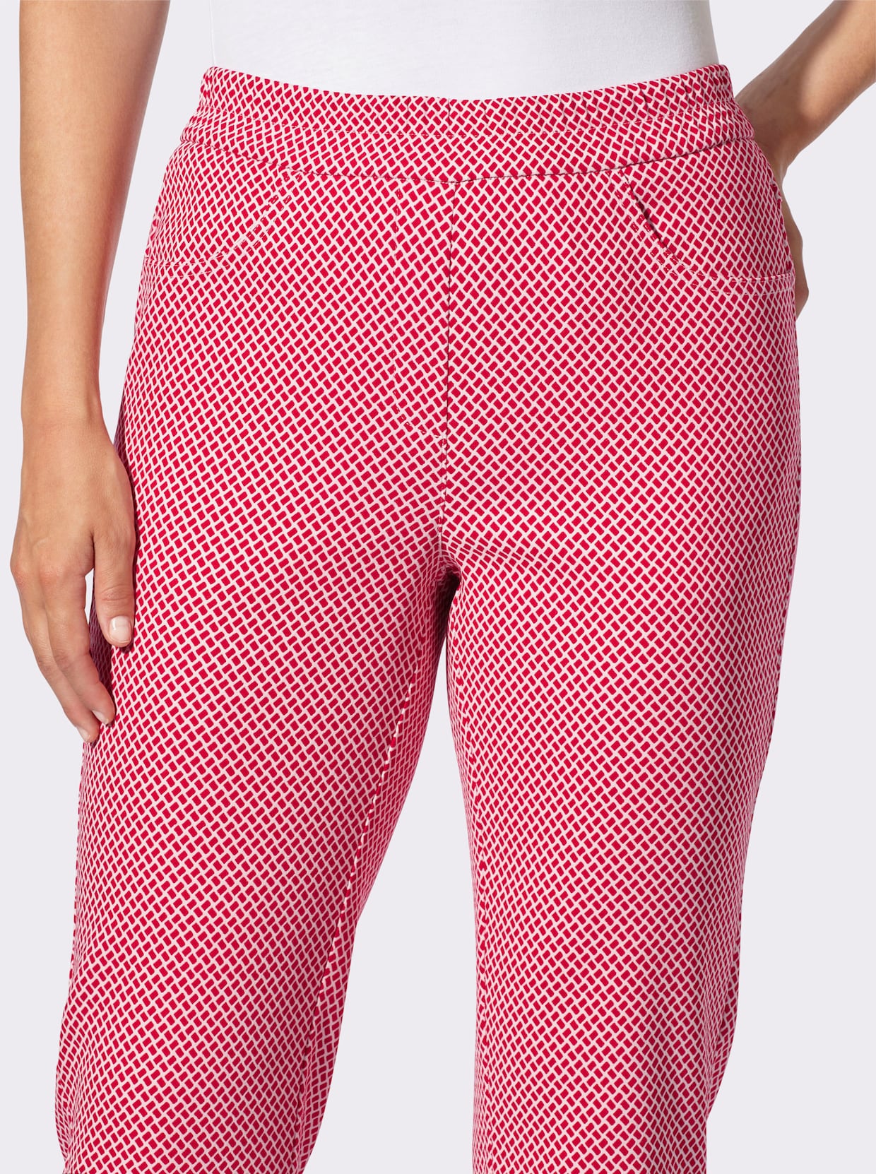 Stretch-Hose - rot-ecru-gemustert
