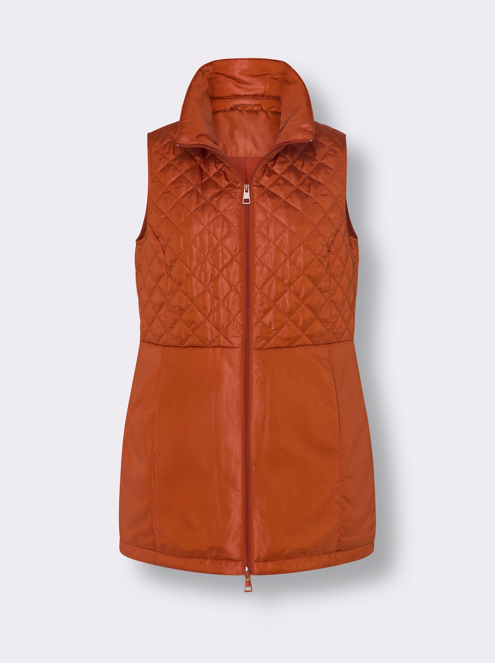 Lange bodywarmer met ruitstiksels - roestrood