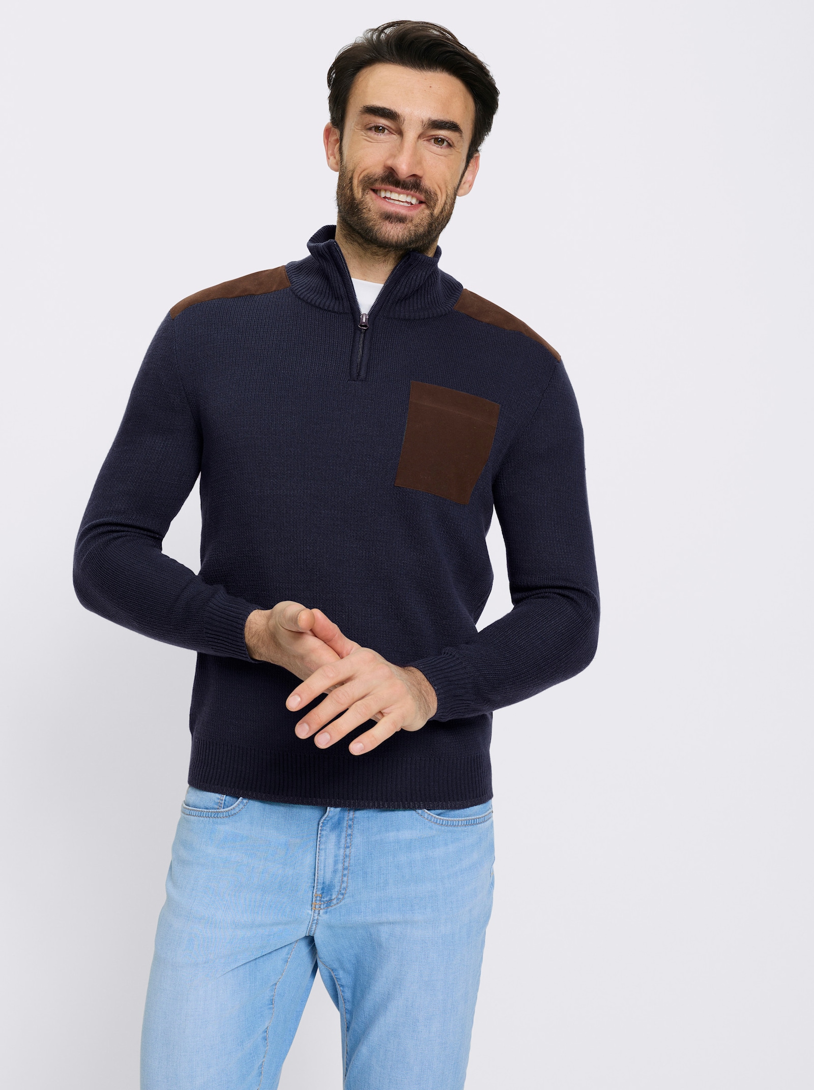 Catamaran Langarm-Pullover mit Kontrast-Details - marine-rauchblau-meliert