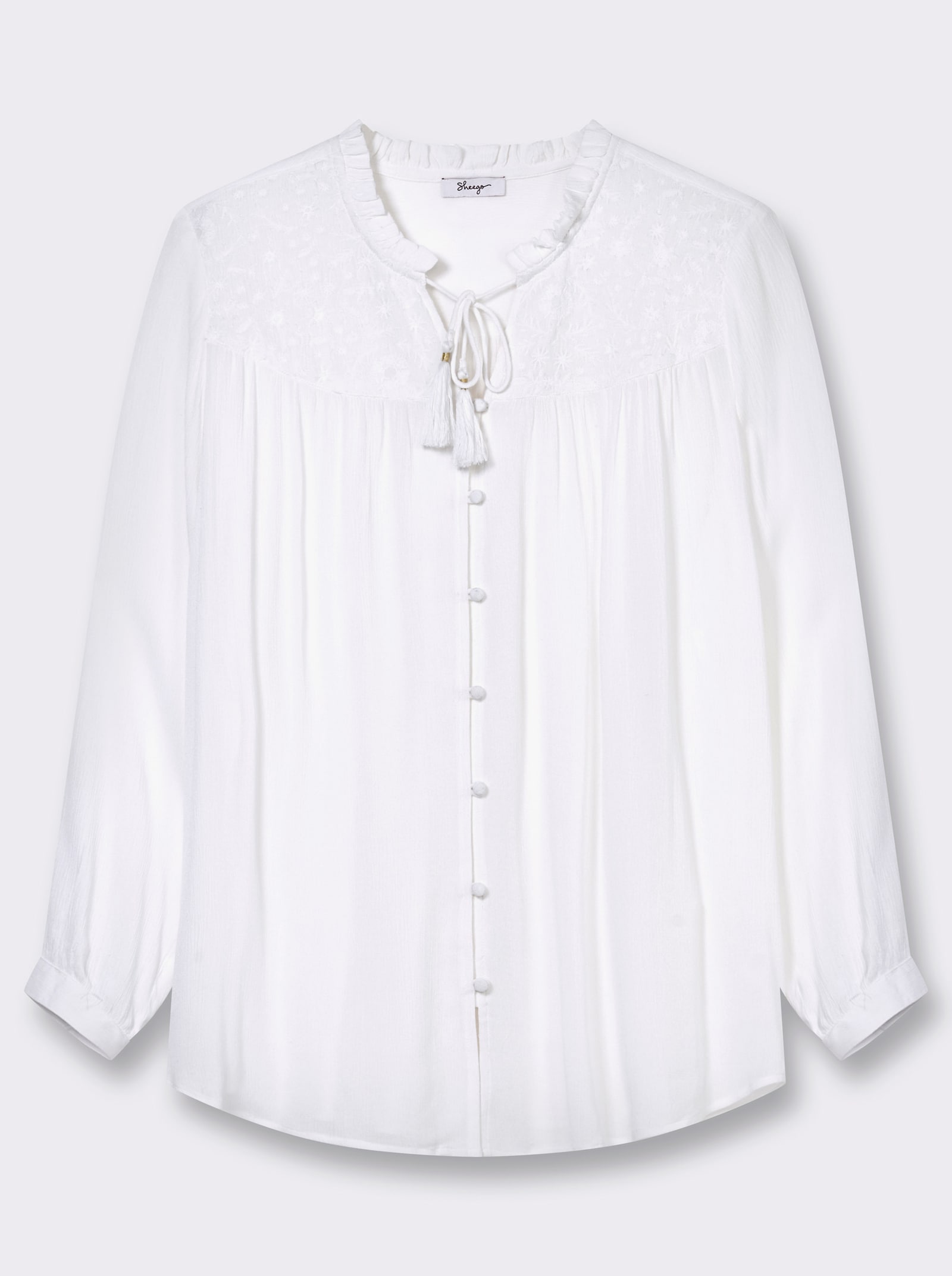 sheego Crinklebluse mit bestickter Passe - ecru