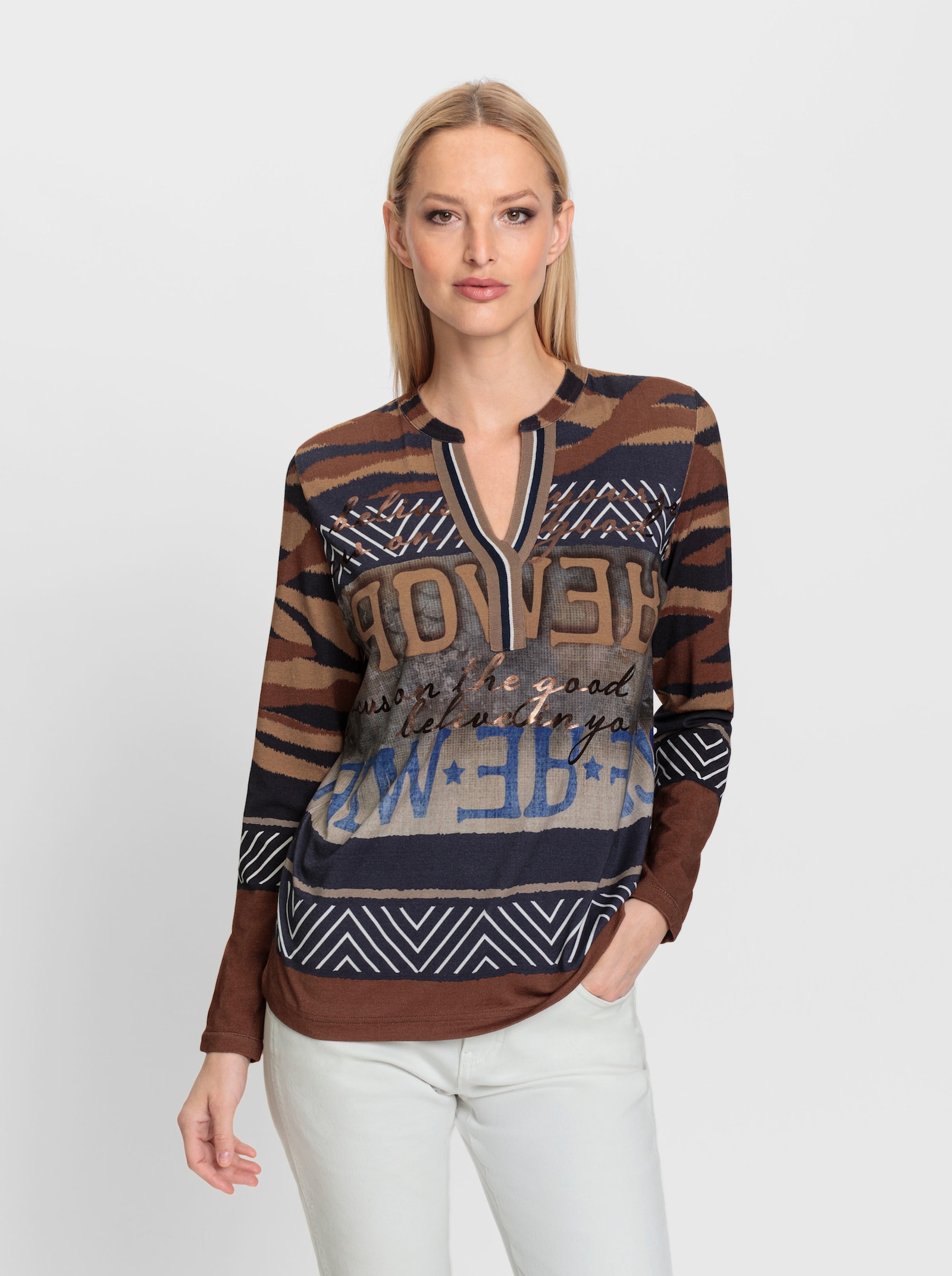 heine Shirt met lange mouwen en print - marine/camel bedrukt