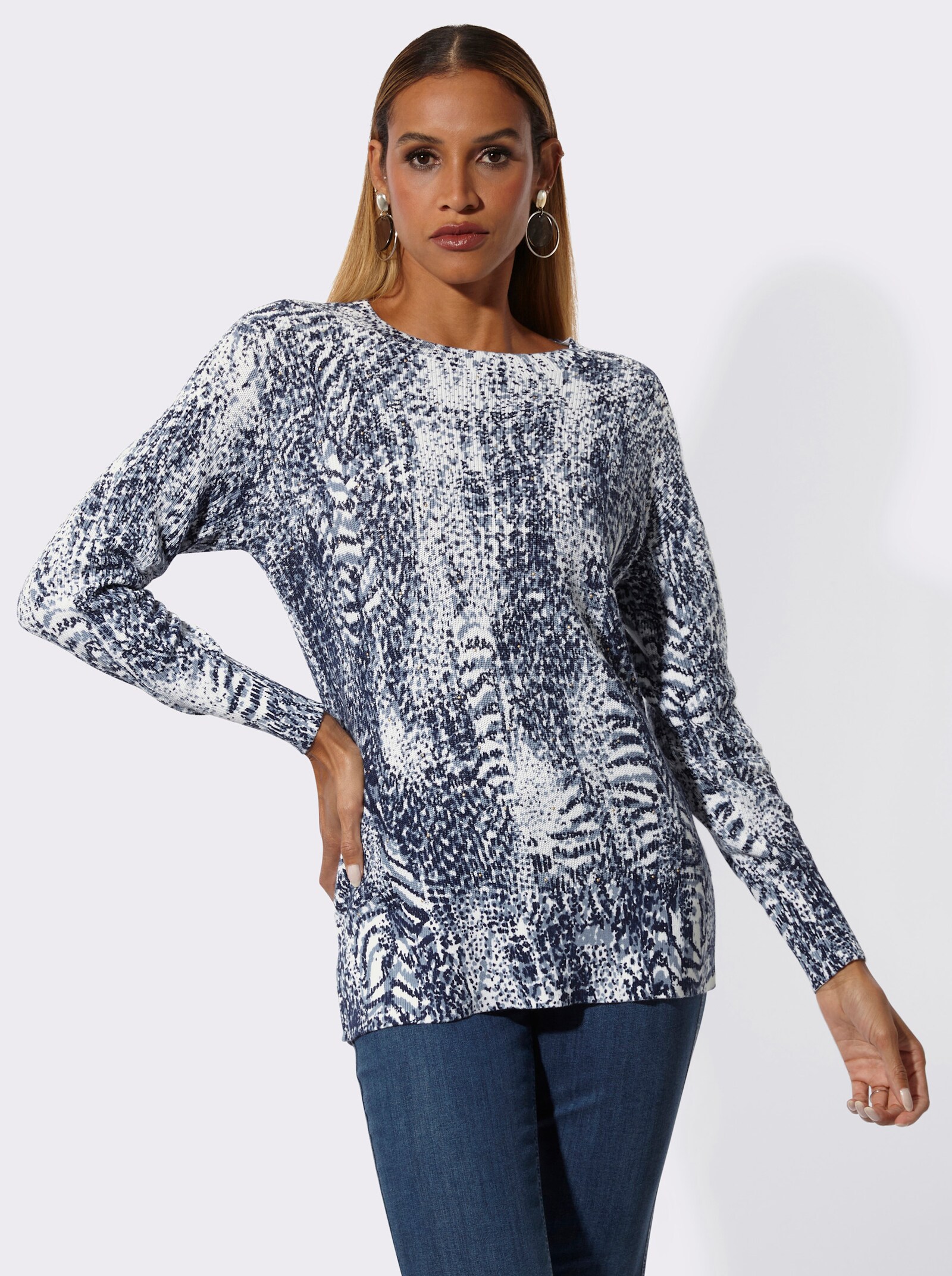Langarm-Pullover mit Allover-Print - marine-ecru-bedruckt