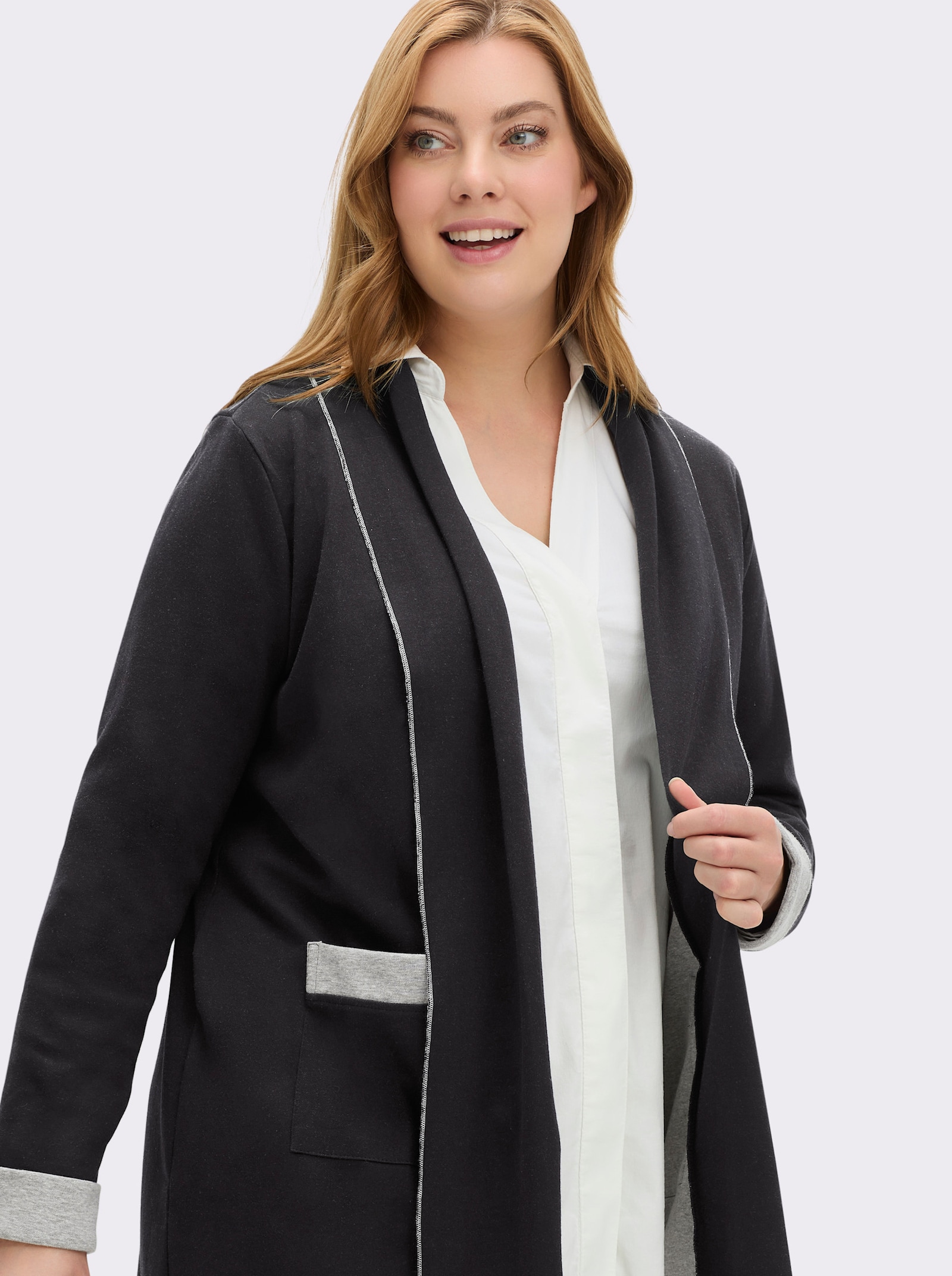 Shirtjacke in Interlock-Jersey-Qualität - schwarz-grau-meliert