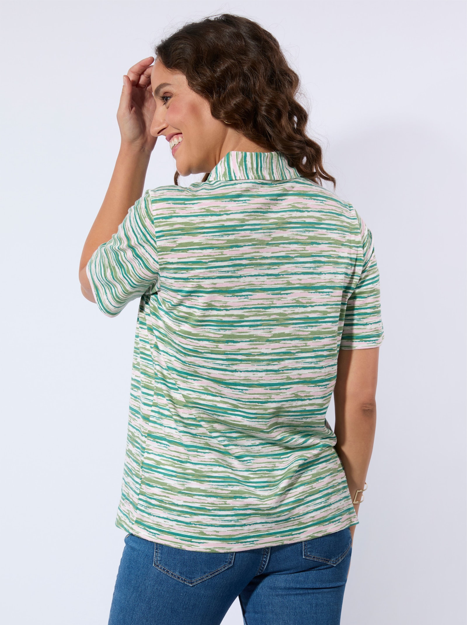 Poloshirt mit Nylon-Reissverschluss - eucalyptus-hellrosé-bedruckt