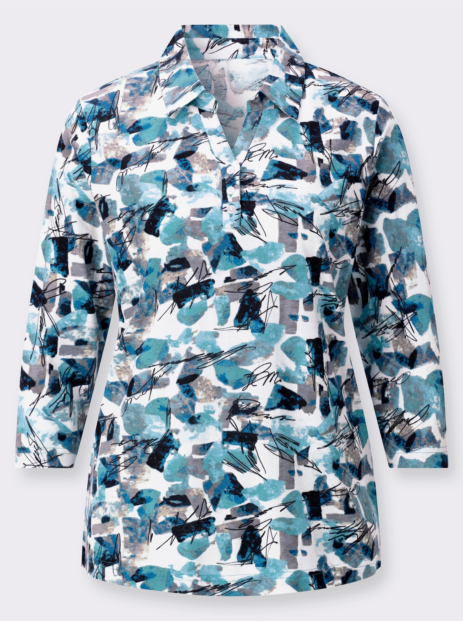 Poloshirt mit 3/4-Ärmeln - kalkmint-sesam-bedruckt