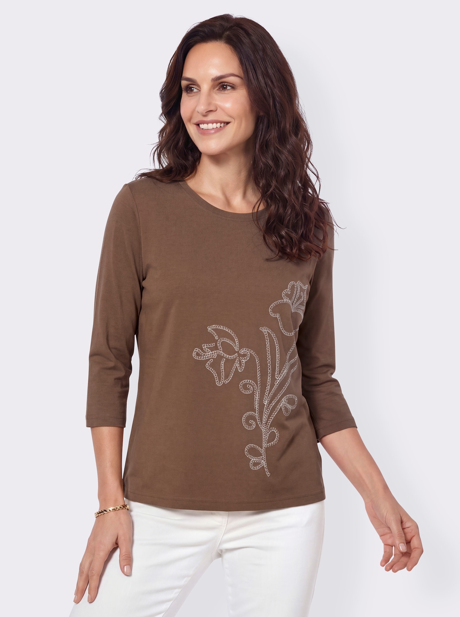Rundhalsshirt mit kontrastfarbiger Stickerei - braun