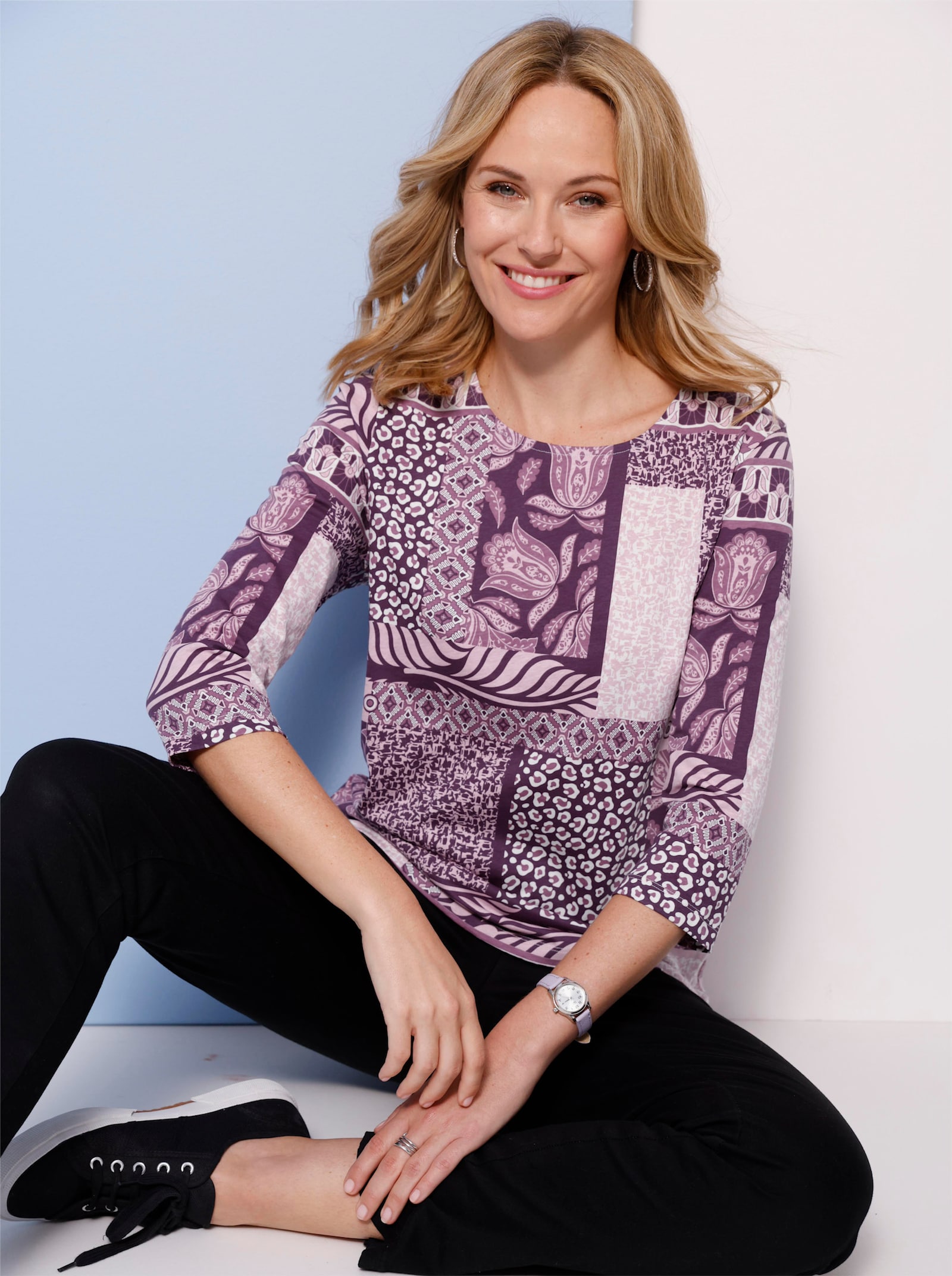 Tričko s 3/4 rukávem a patchworkovým vzorem - hroznová-ecru-potisk