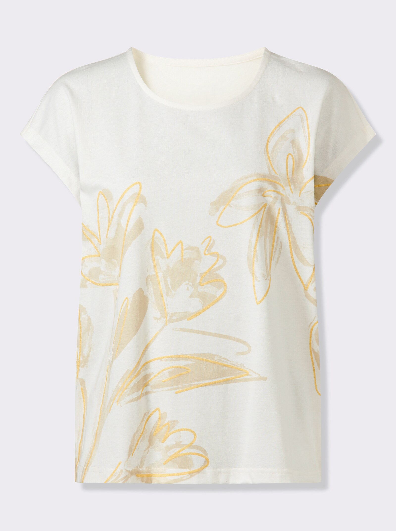 Rundhalsshirt mit überschnittenen Schultern - ecru-sand-bedruckt